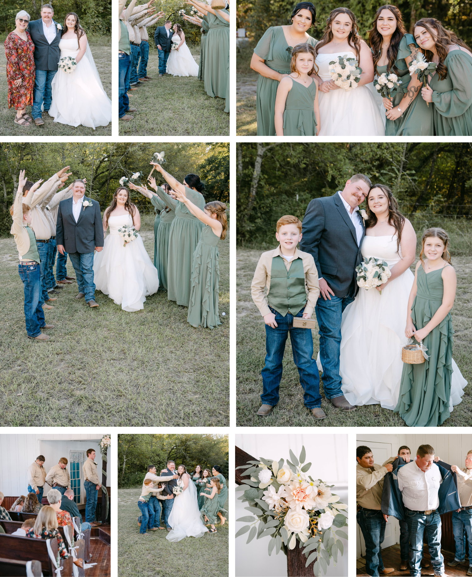 Wedding party poses together outdoors with bridesmaids in sage green dresses and groomsmen in dark suits.