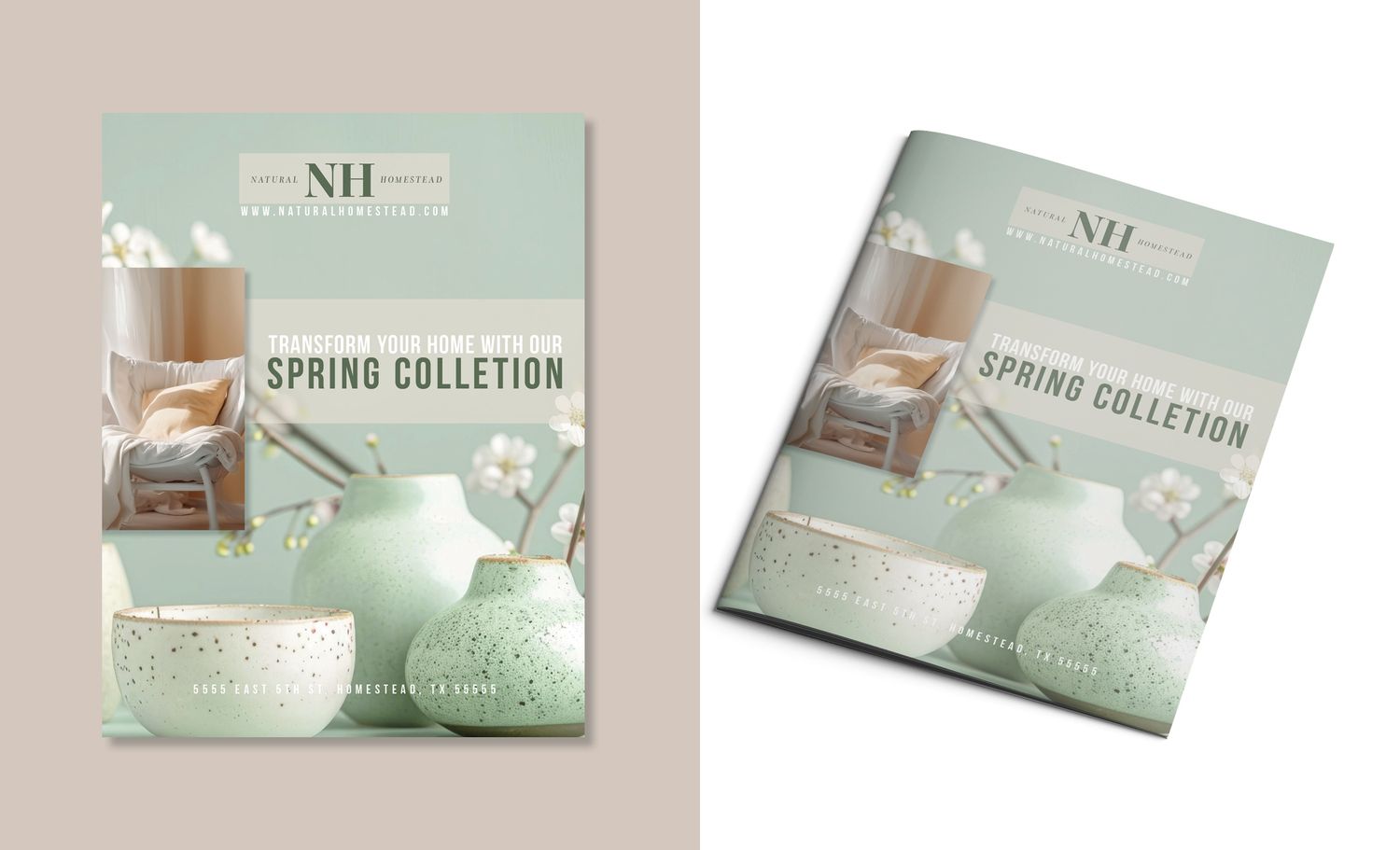 Two soft mint-colored spring collection catalog covers with home decor products displayed in a minimalist design.
