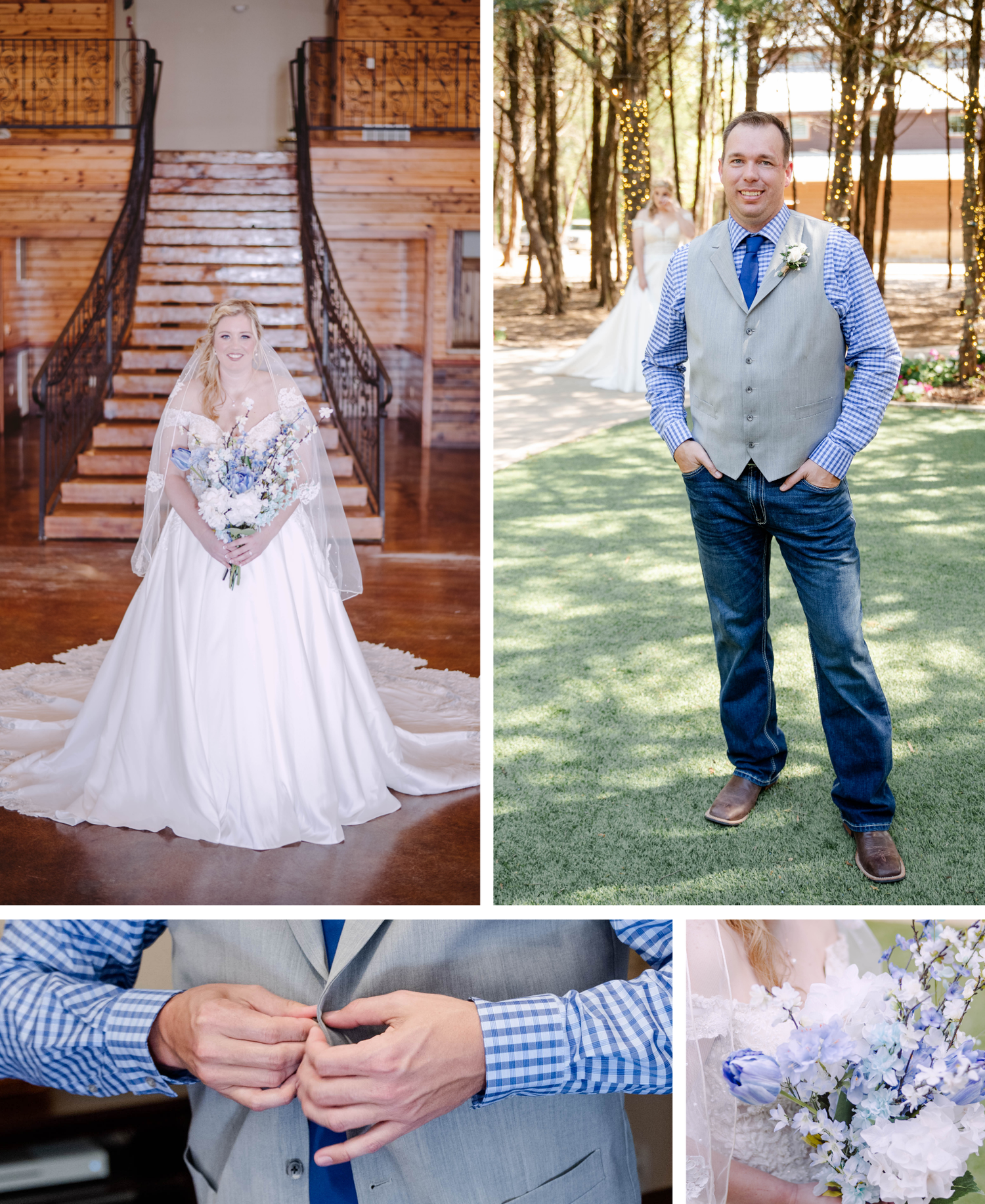A collage of wedding details showing a flowing white dress on stairs, formal attire, blue accessories and delicate floral decor.