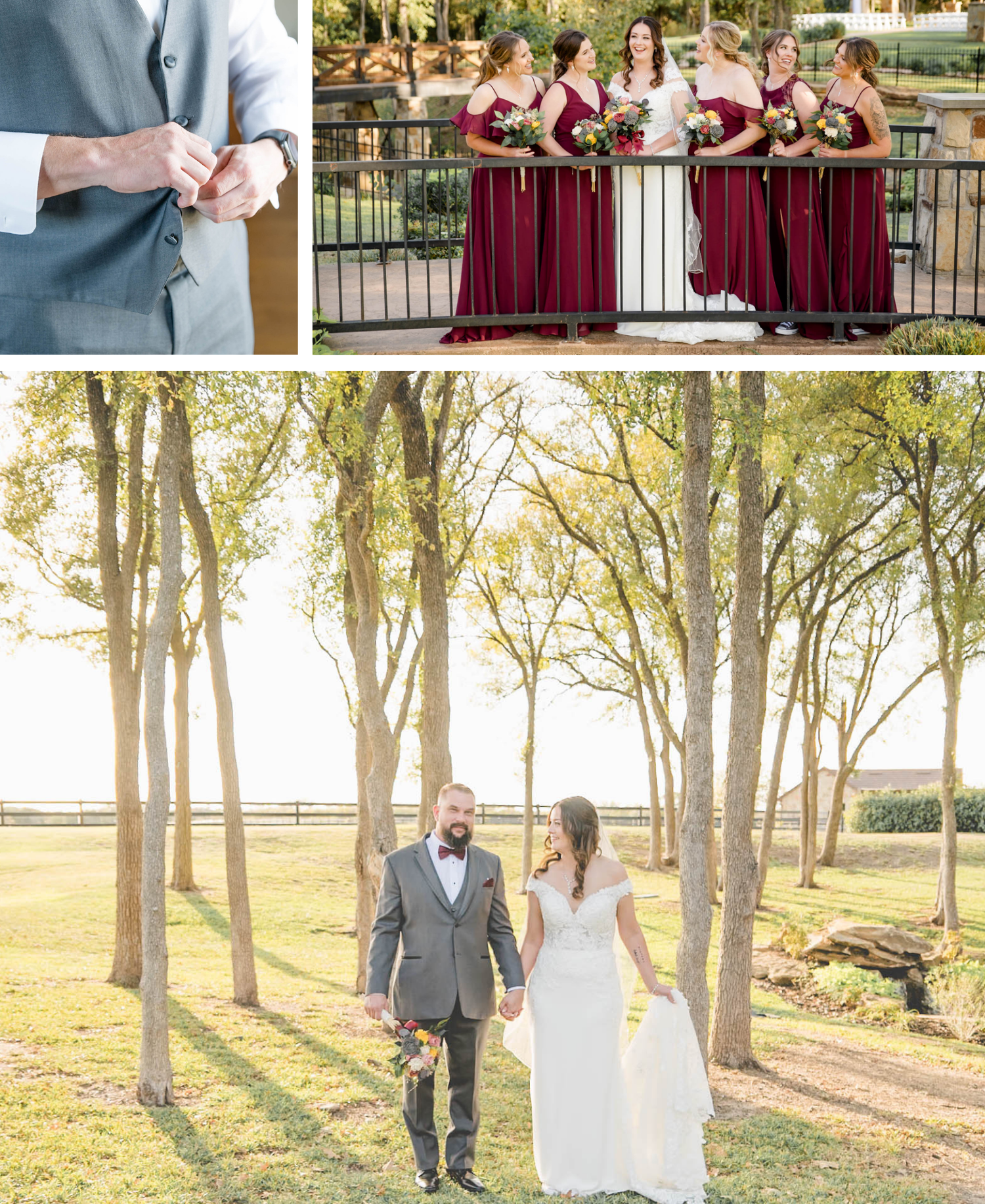 Group in burgundy bridesmaid dresses poses on garden terrace while sunlit couple walks through autumn trees in scenic field.