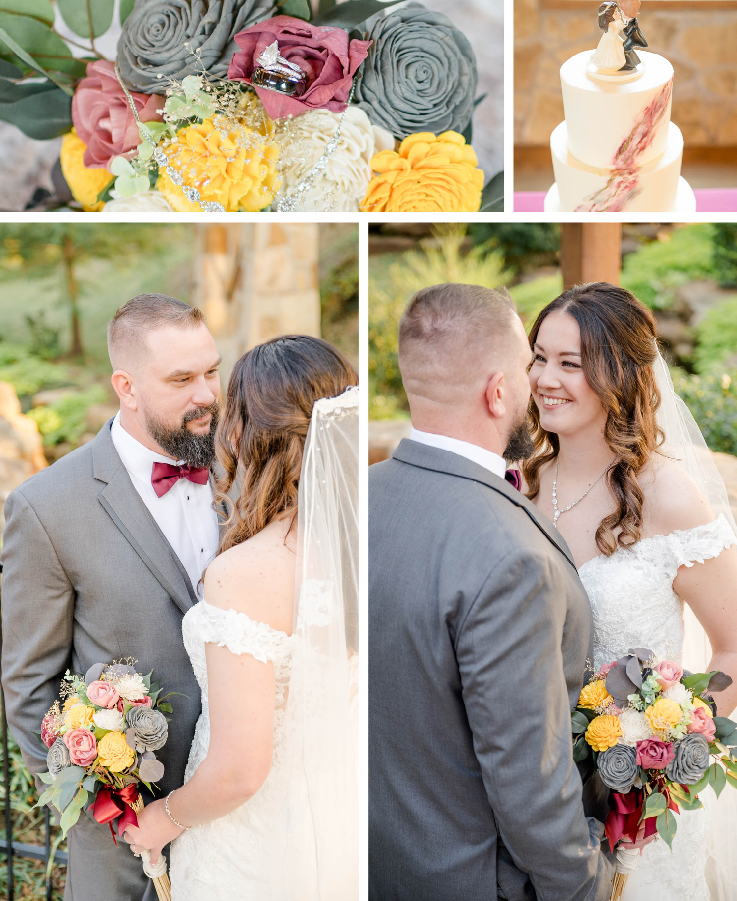 Wedding decor featuring artful floral arrangements in gray, pink and yellow with matching bouquet and elegant cake topper.