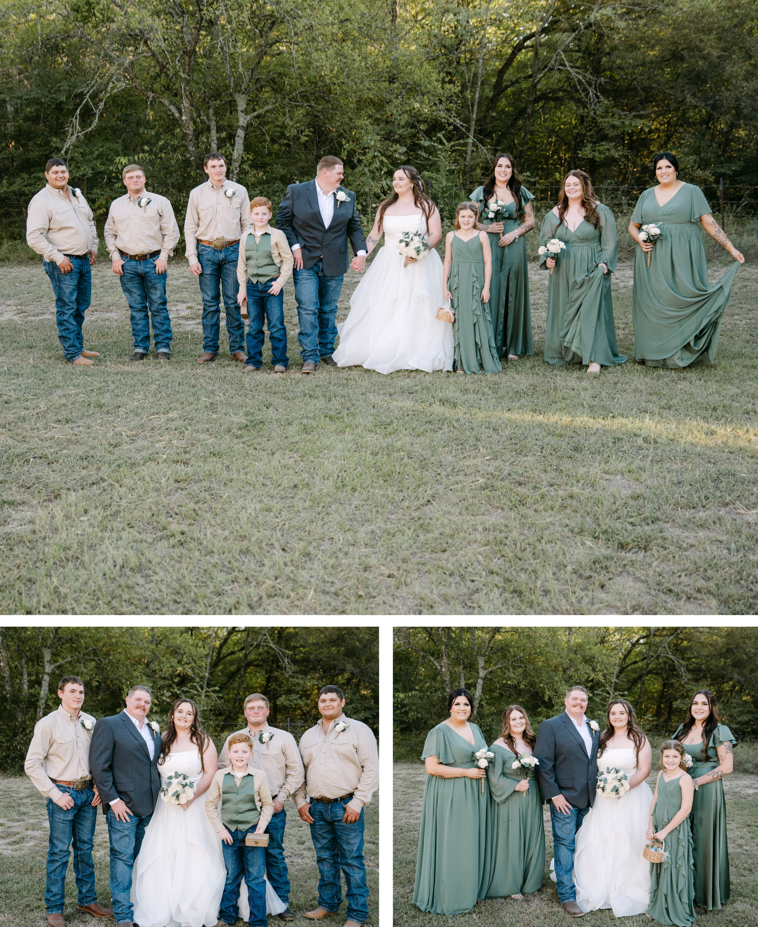 Wedding party poses in casual and formal attire on grassy field with trees in background during outdoor celebration.