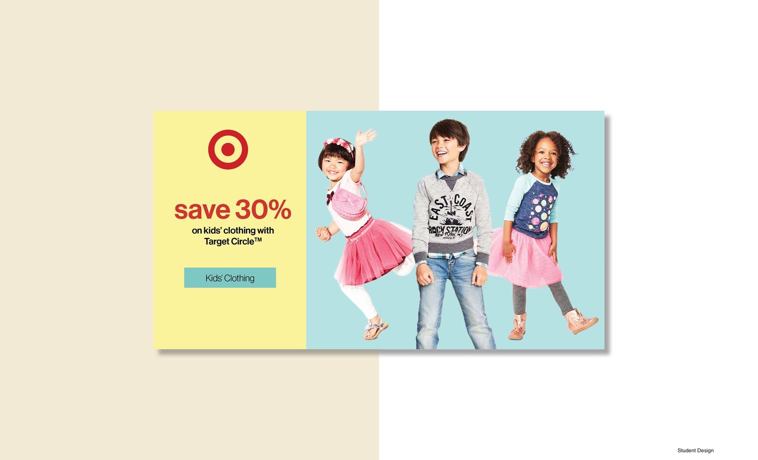Target promotional banner showing clothing sale with 30 percent off message on yellow background.