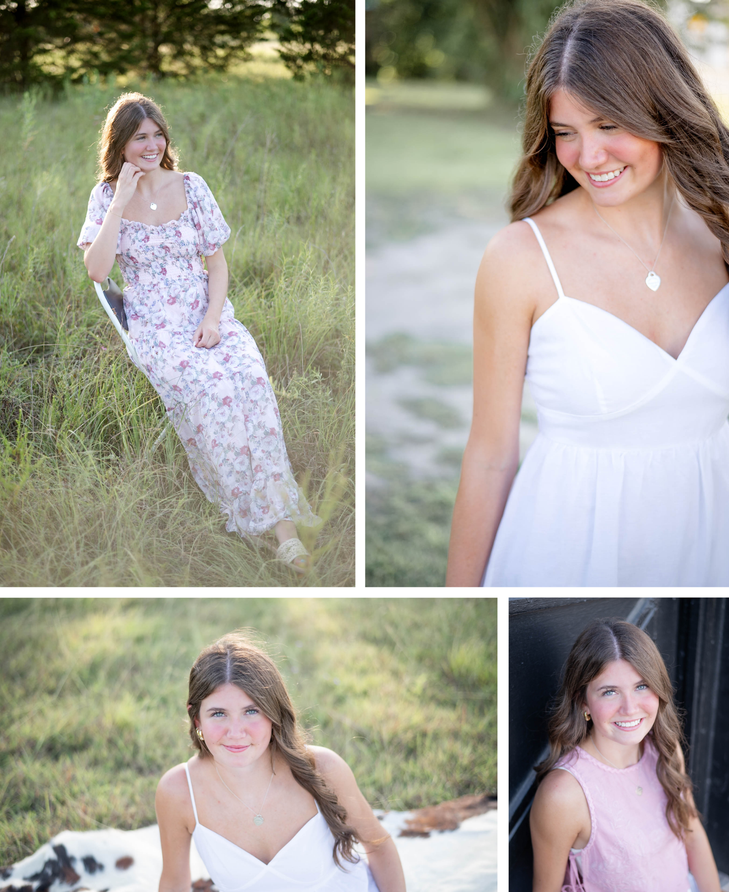 A collection of portrait photographs in an outdoor garden setting showing poses in white summer dresses.