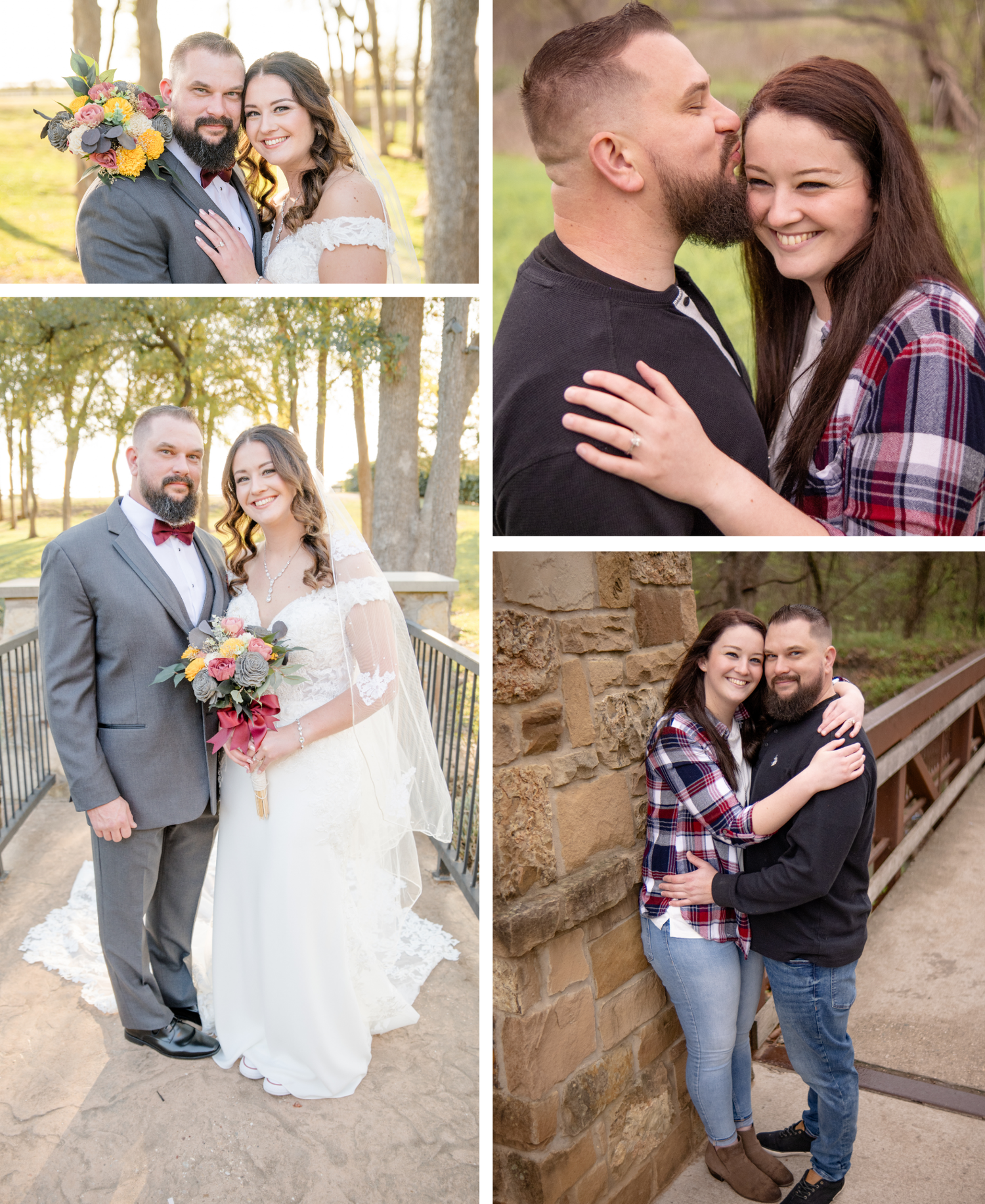 A newlywed couple posing outdoors and engagement photos showing romantic moments in nature.