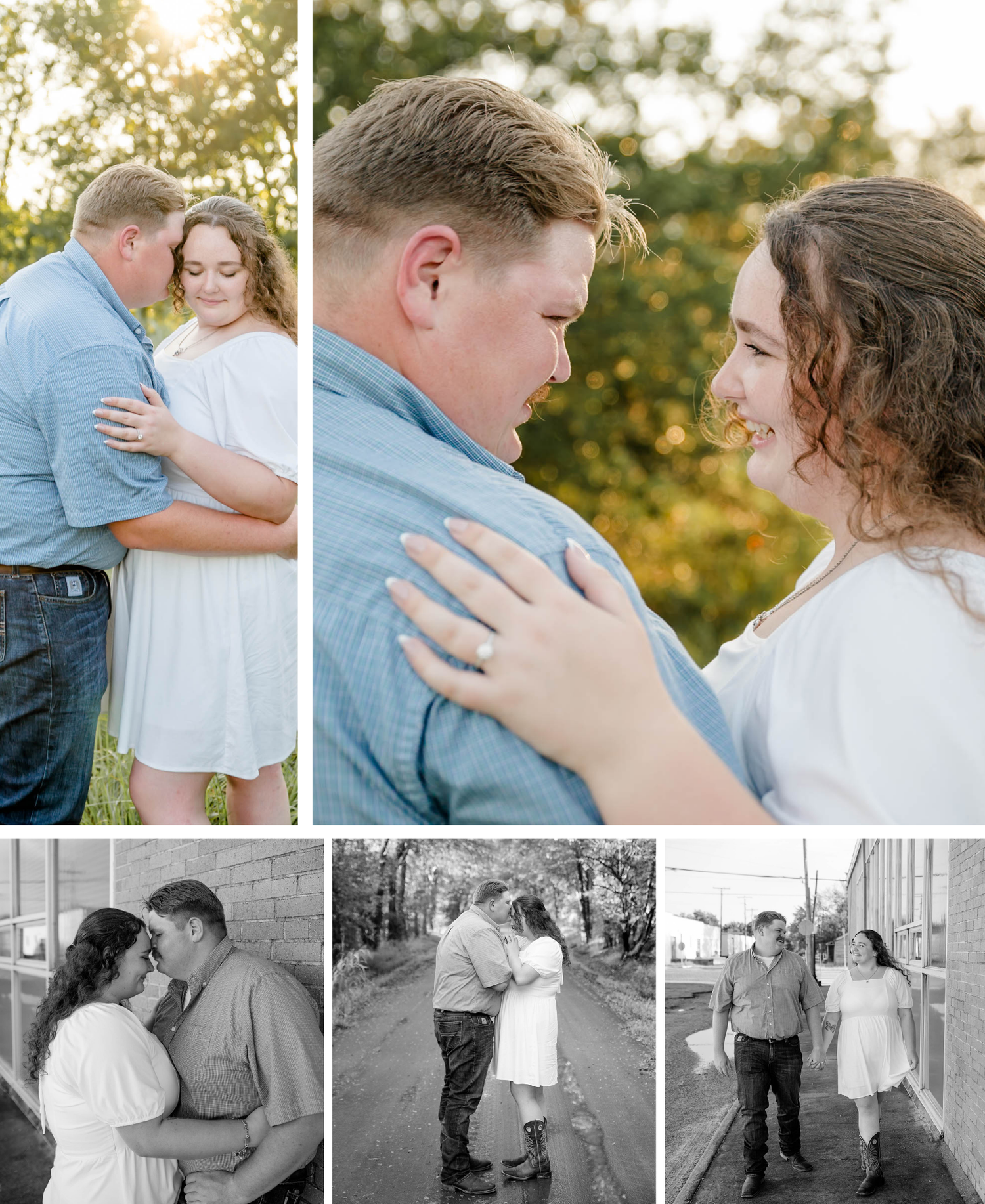 A romantic couple embraces outdoors during golden hour in a series of intimate portrait photographs.