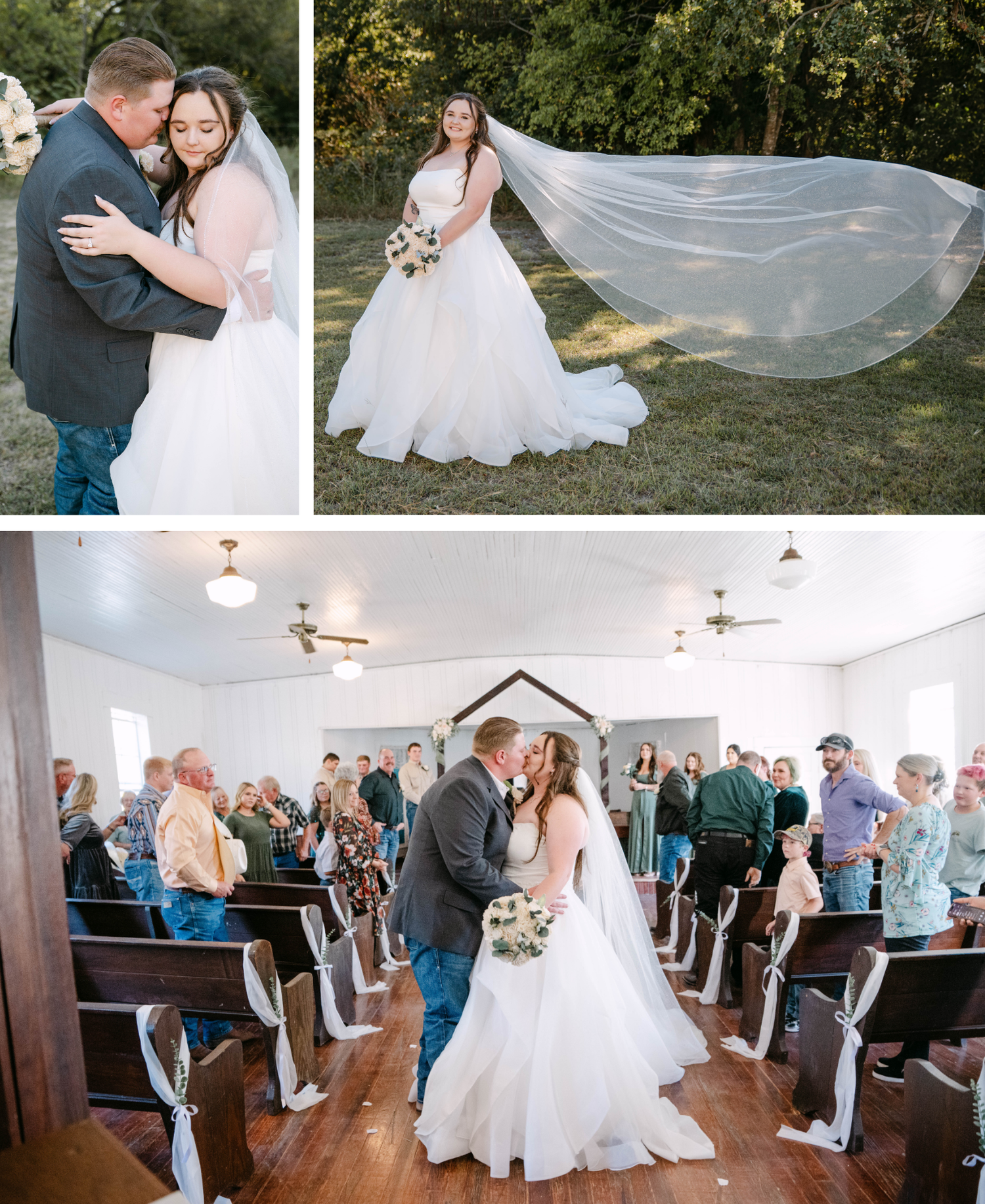 A wedding celebration collage showing outdoor portraits and indoor reception moments with flowing veils and formal attire.