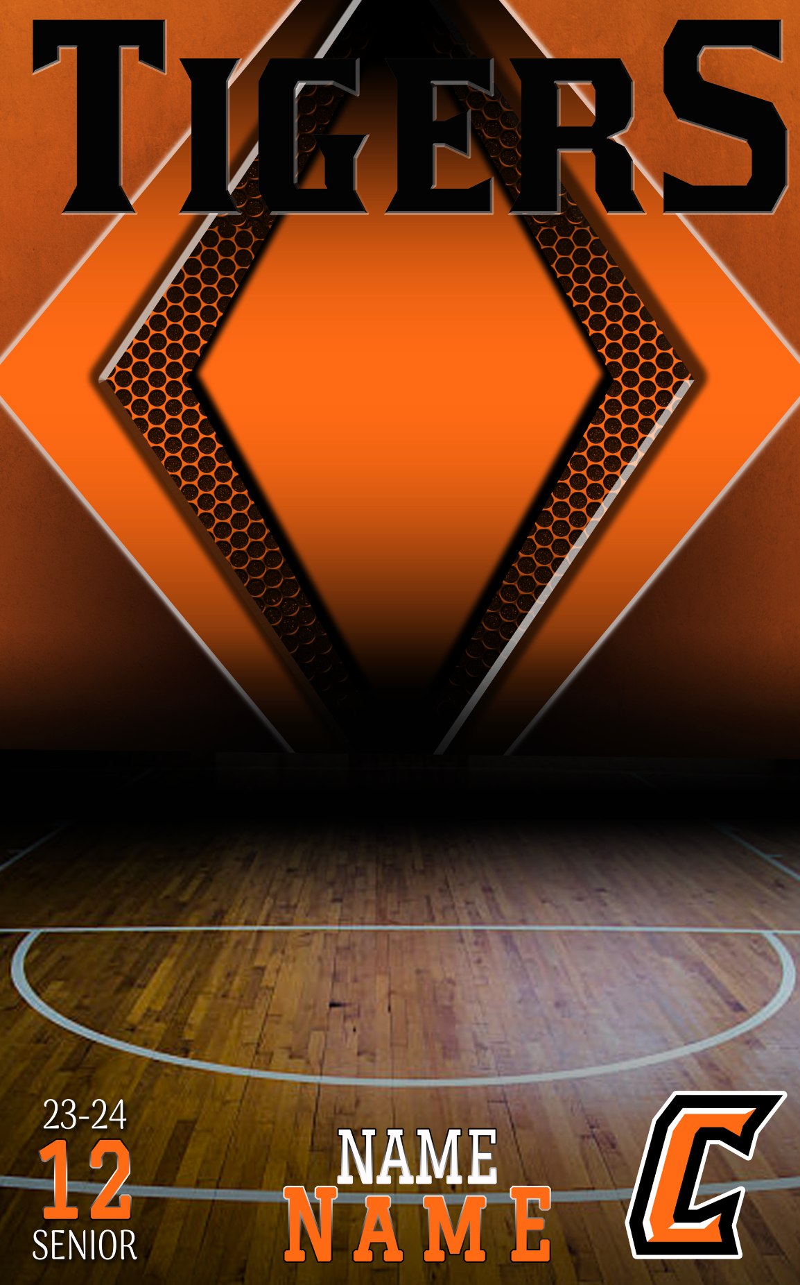 Basketball sports banner design with orange Tigers text and hexagonal pattern above wooden court with white arc line.
