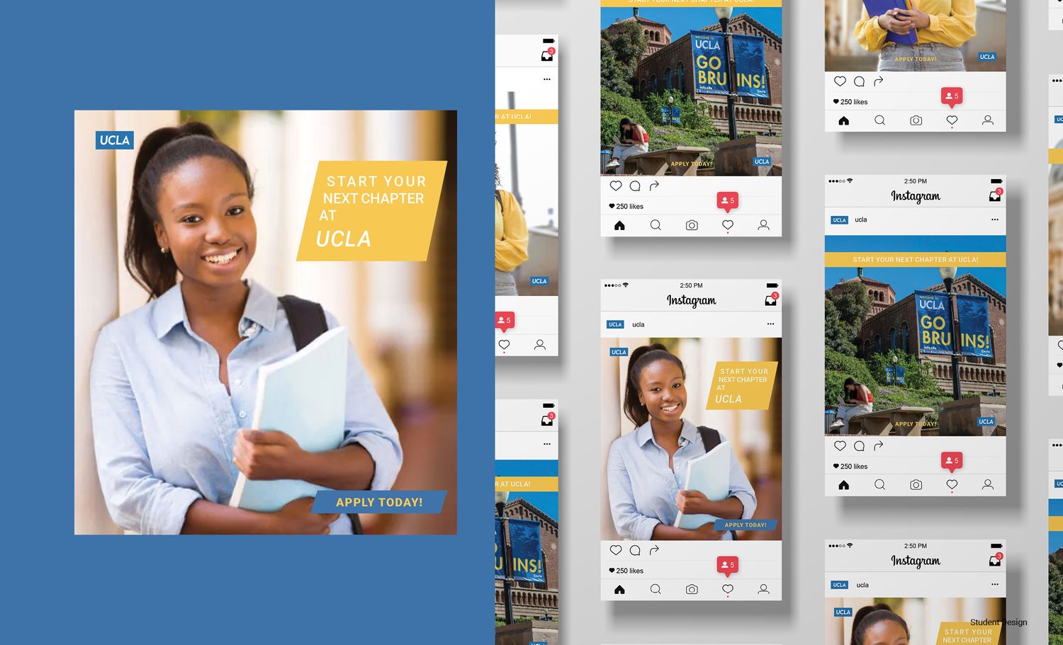 Social media mockup showing profile images and posts arranged on blue background with phone screen layouts.