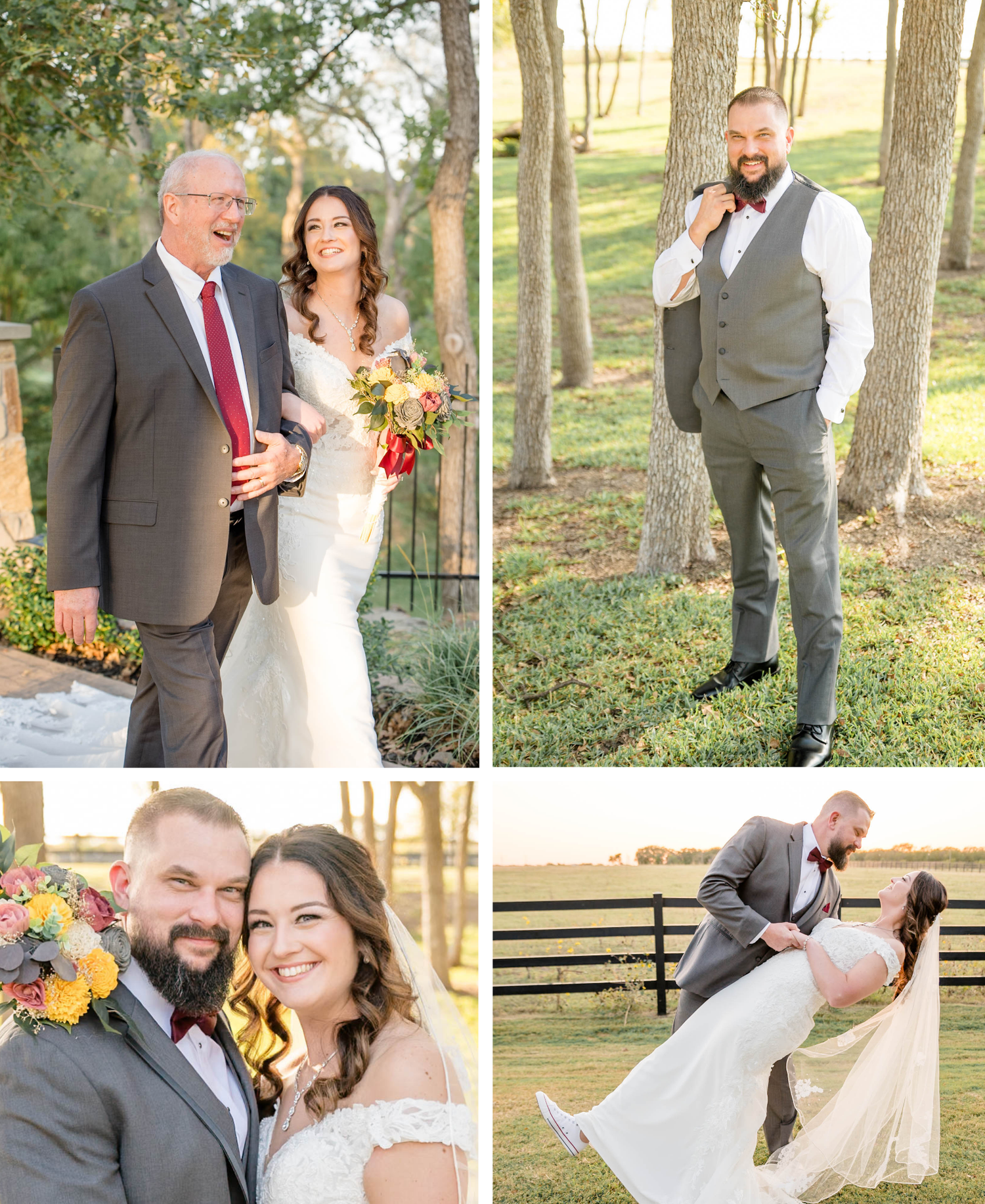 A beautiful outdoor wedding photo collage featuring formal attire, floral bouquets and romantic poses in a natural setting.