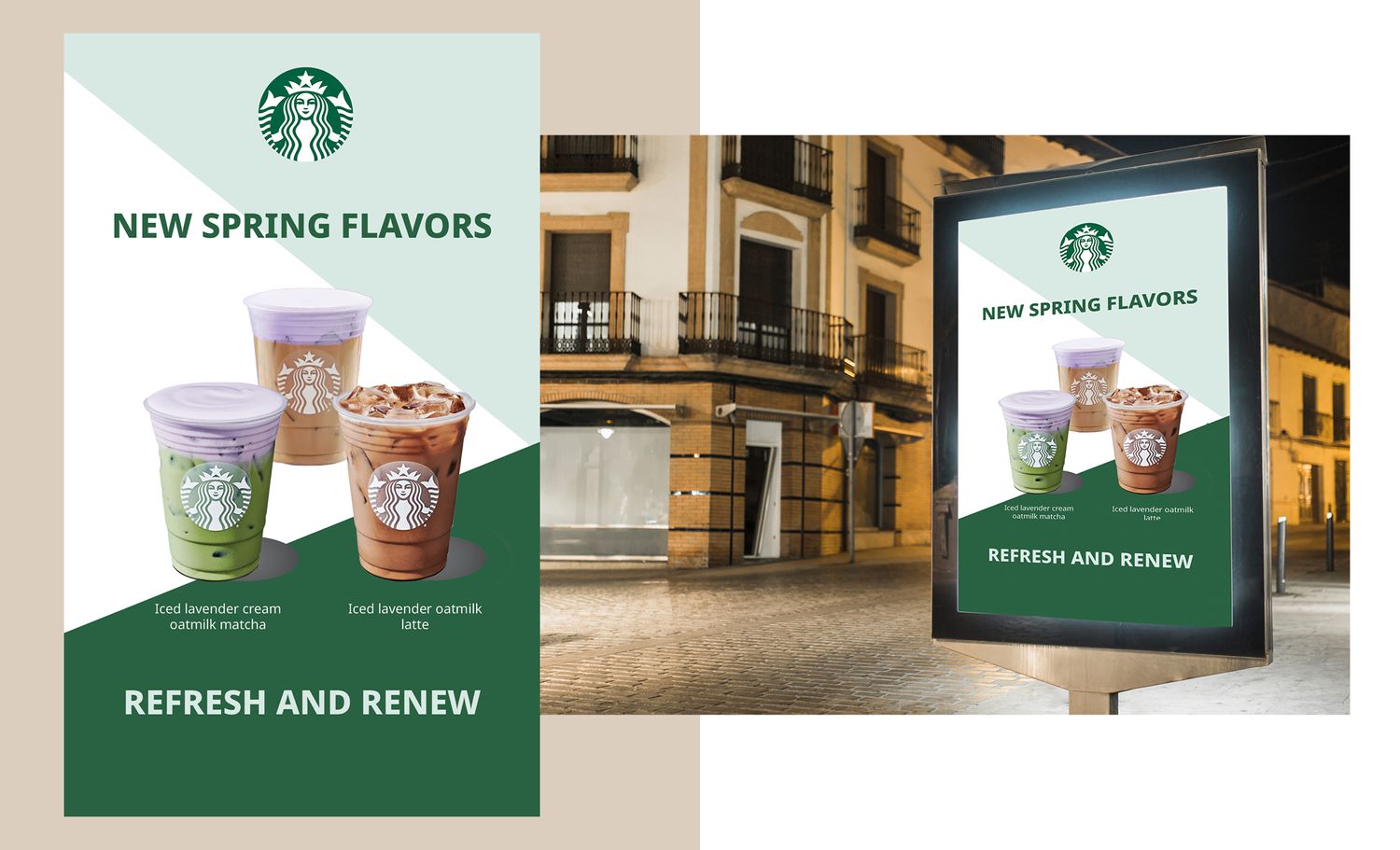 Starbucks promotional advertisement showing spring beverage cups and an outdoor billboard display on a building facade.