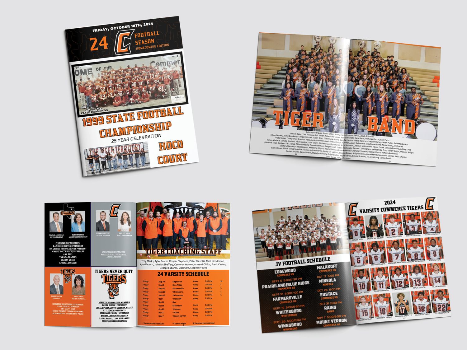 Orange and black high school sports program booklet showing team photos and roster layouts spread across multiple pages.