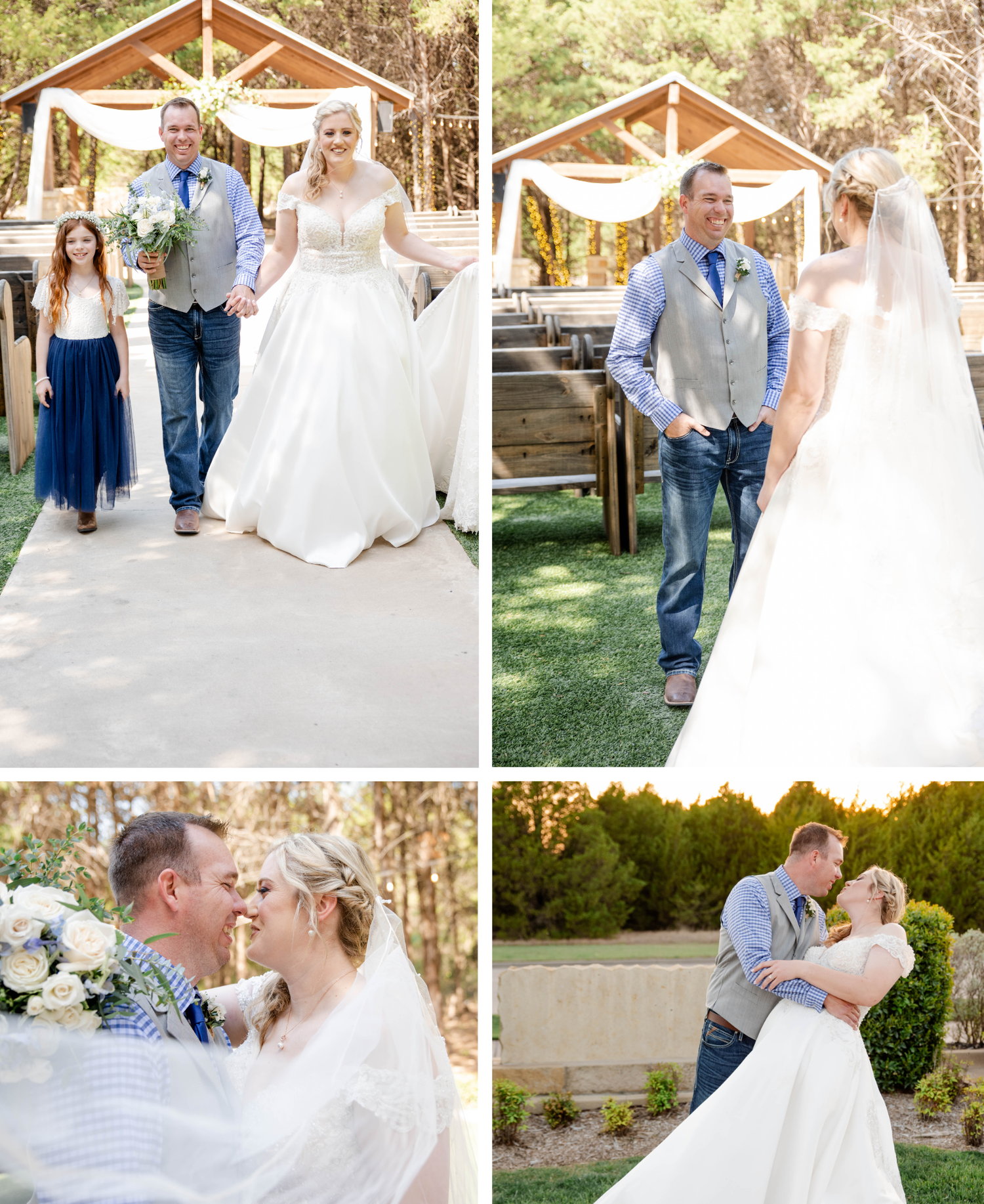 A romantic outdoor wedding ceremony at a rustic wooden pavilion surrounded by forest trees.