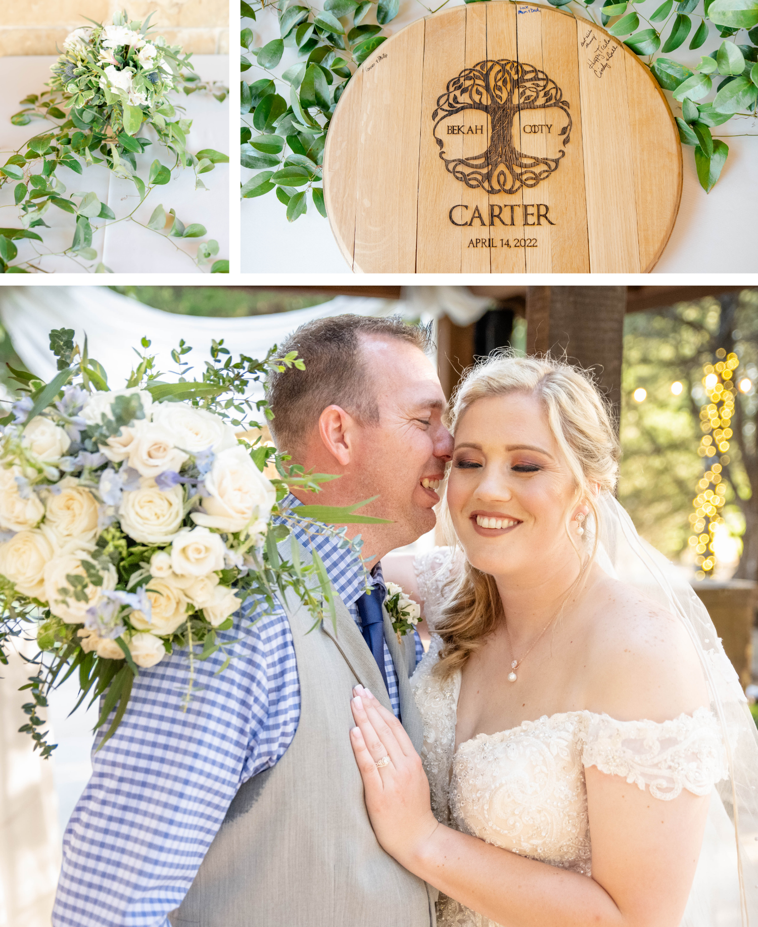 Wooden cutting board with tree of life logo and Carter text engraved sits among wedding bouquet flowers and greenery.