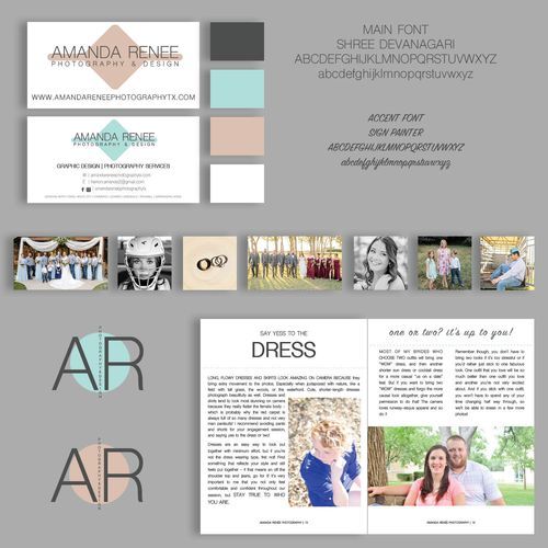 Modern branding board showcasing business cards, logo typography, and magazine layout designs in pink and gray.