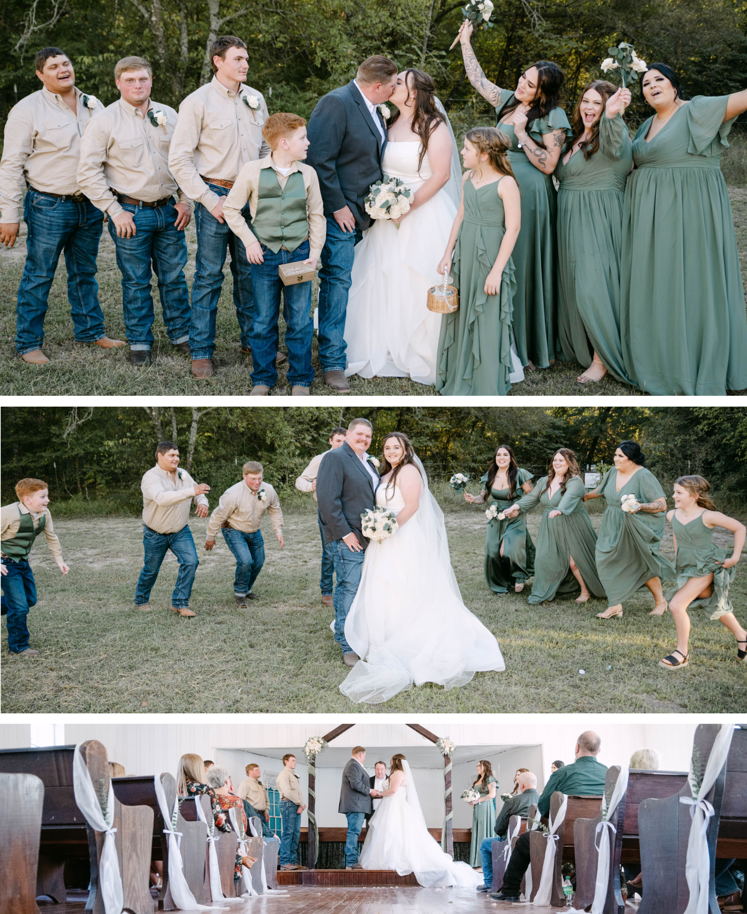 Wedding party celebrates with fun group poses in sage green dresses and casual attire outdoors.