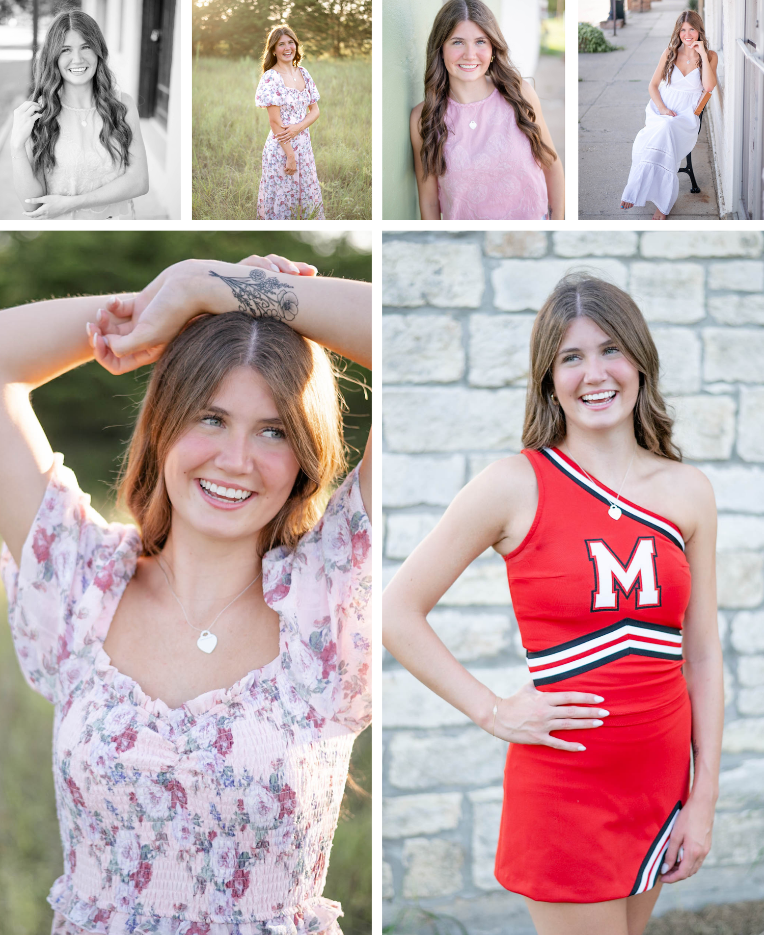 A series of outdoor portrait photographs featuring feminine floral dresses and a red cheerleading uniform against stone walls.