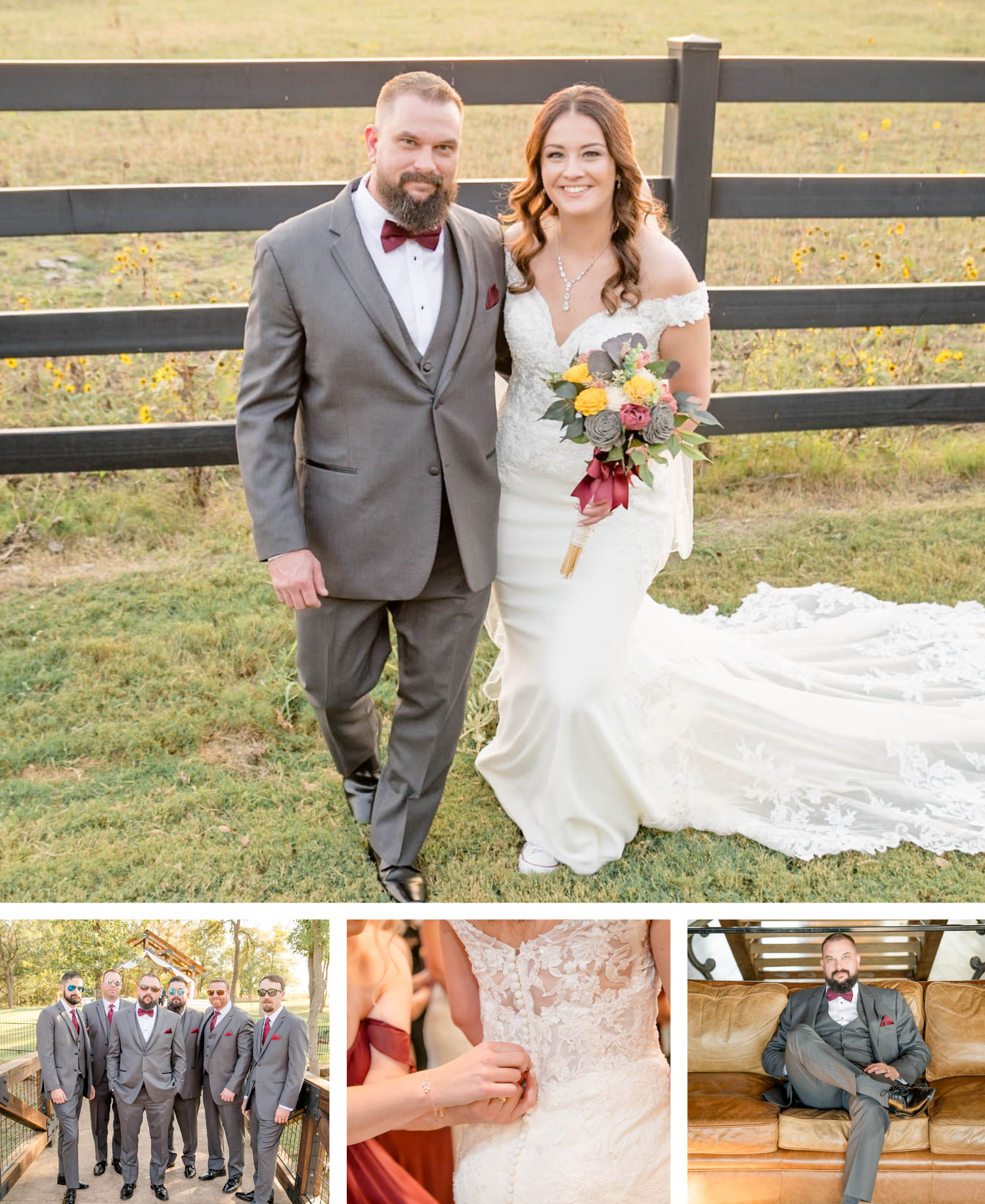 A rustic outdoor wedding portrait by a wooden fence with additional detail shots of groomsmen and decor details below.