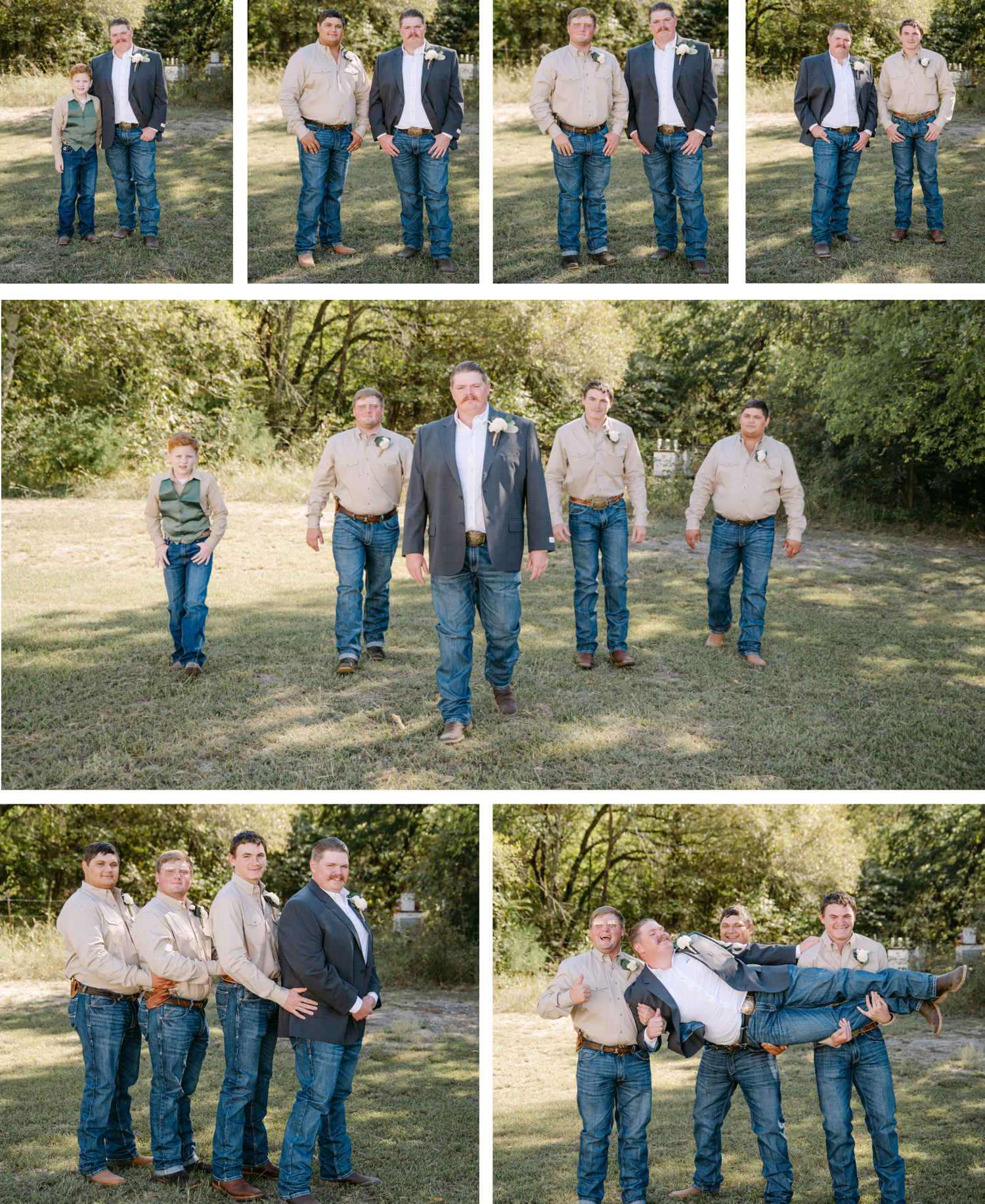 Outdoor wedding party photos showing groomsmen in blue jeans and dress shirts posing casually in a natural setting.