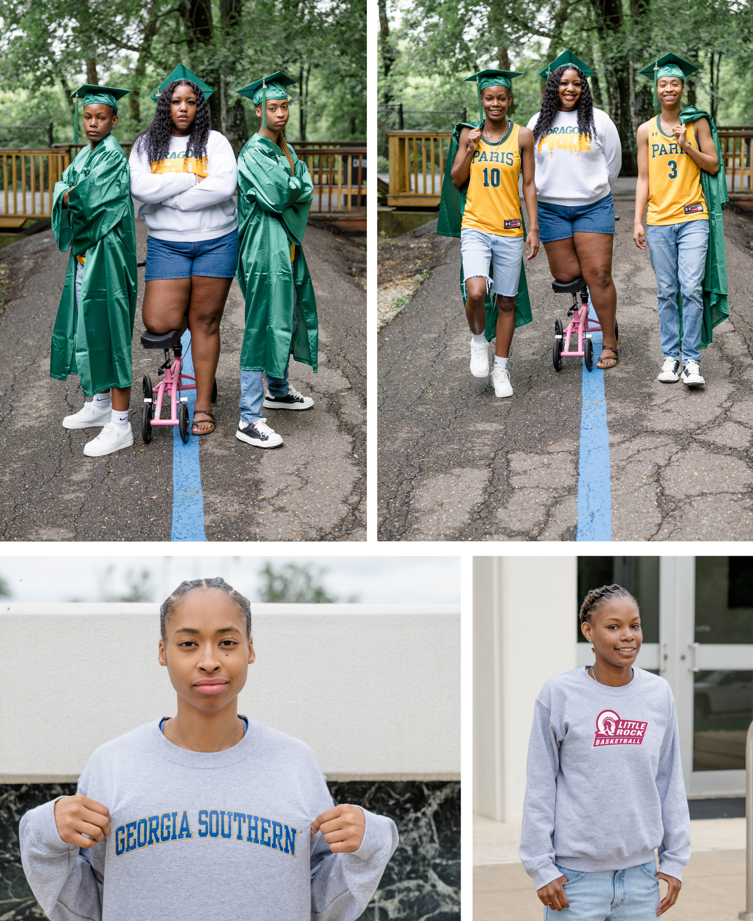 Four graduation photos showcase students in green caps and gold uniforms alongside a supporter, plus college sweatshirt portraits.