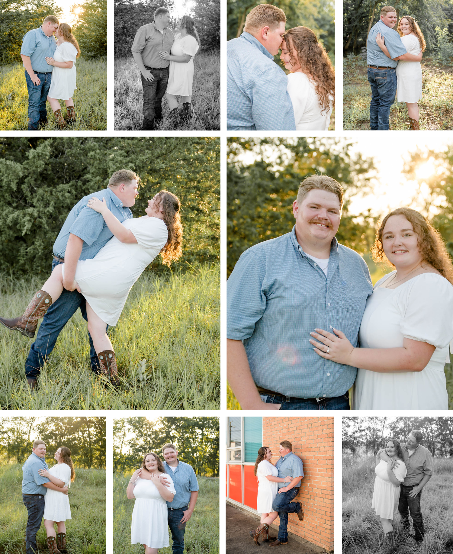 Romantic outdoor couple photography session in a sunlit meadow wearing coordinated blue and white outfits.