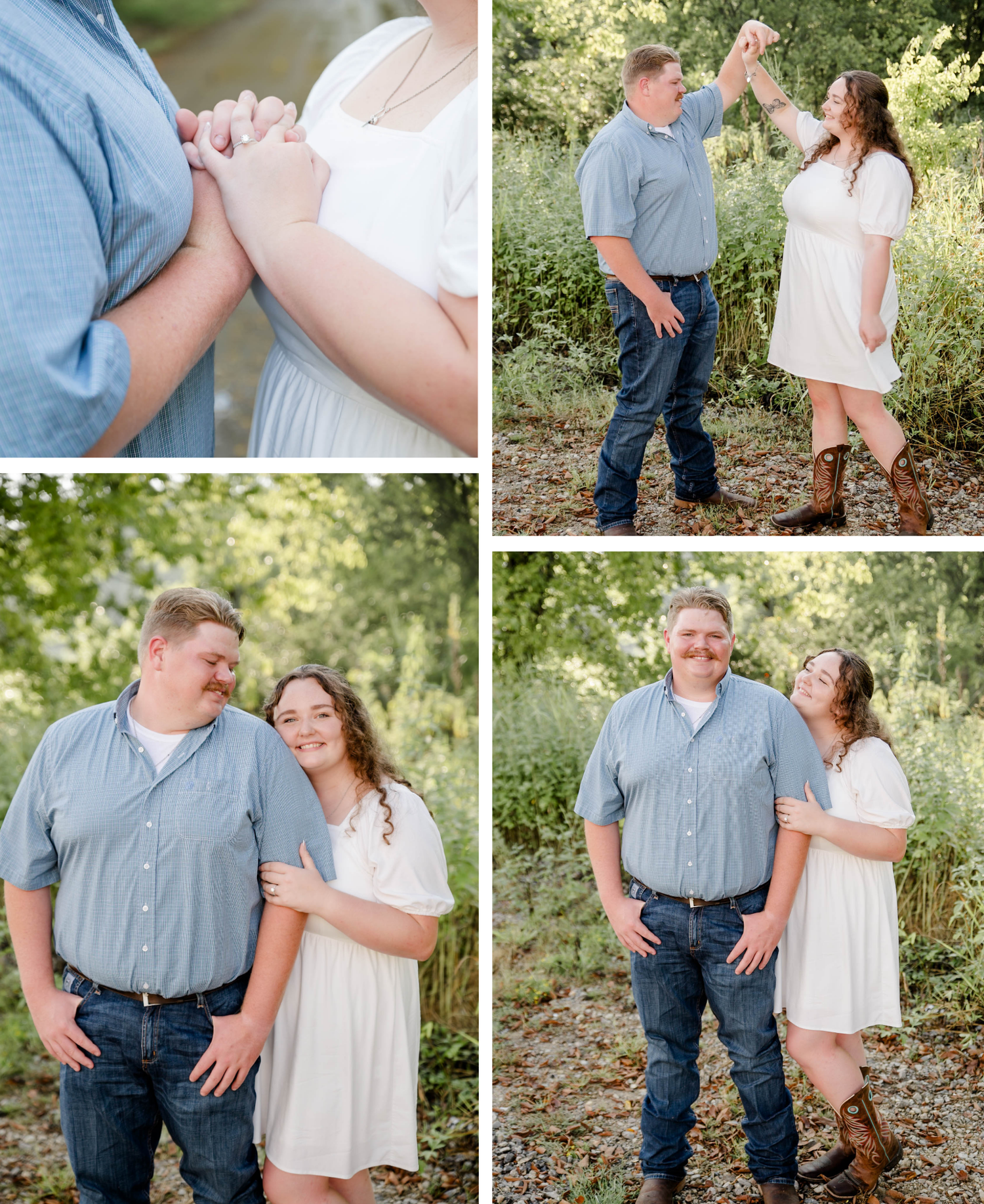A couple shares tender outdoor moments in a wooded setting wearing blue and white outfits for their engagement photoshoot.