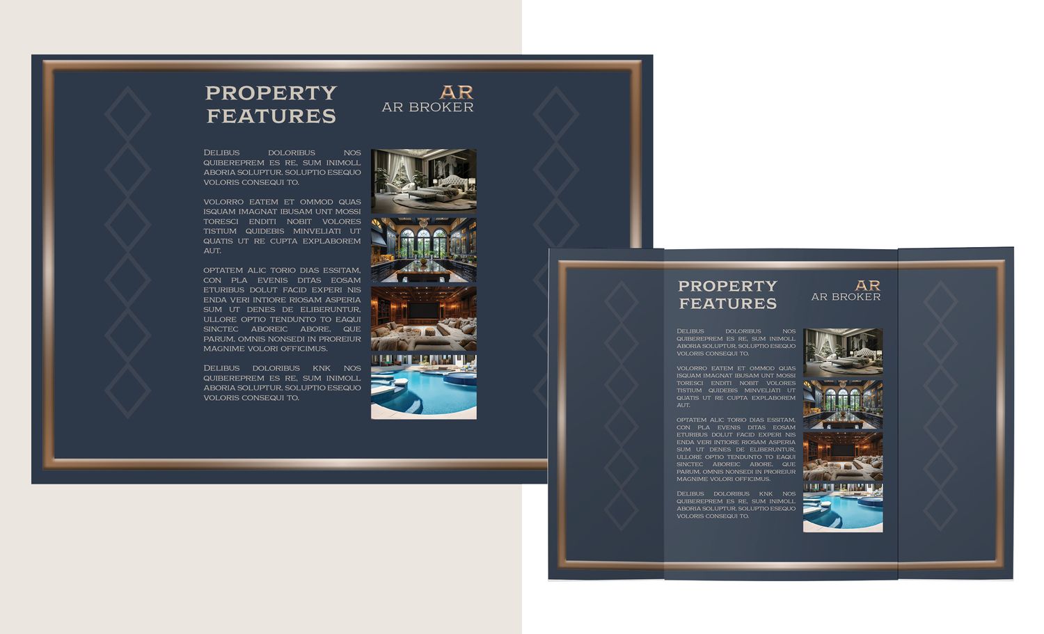 Property features brochure mockup showing luxury real estate details with blue and gold color scheme and pool image.