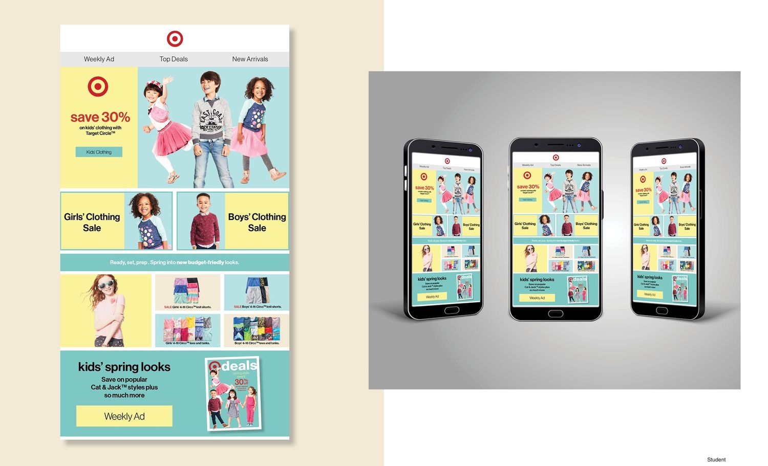 Target mobile app interface displayed on three smartphones showing kids clothing shopping layout.
