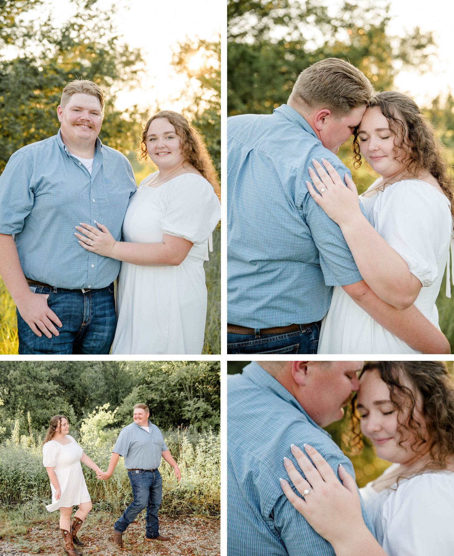 Romantic sunset engagement photoshoot featuring couple in blue shirt and white dress posing together in outdoor field setting.