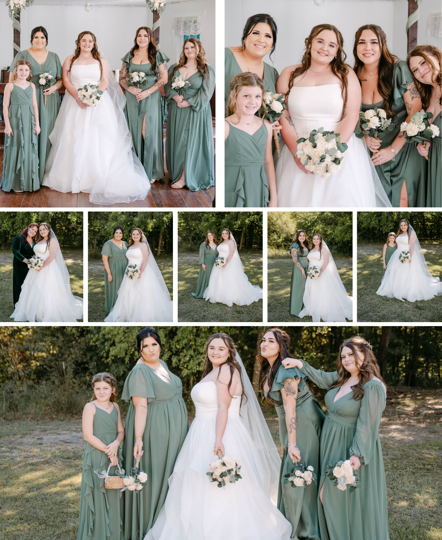 Wedding party poses outdoors in sage green bridesmaid dresses and white bridal gown with floral bouquets.