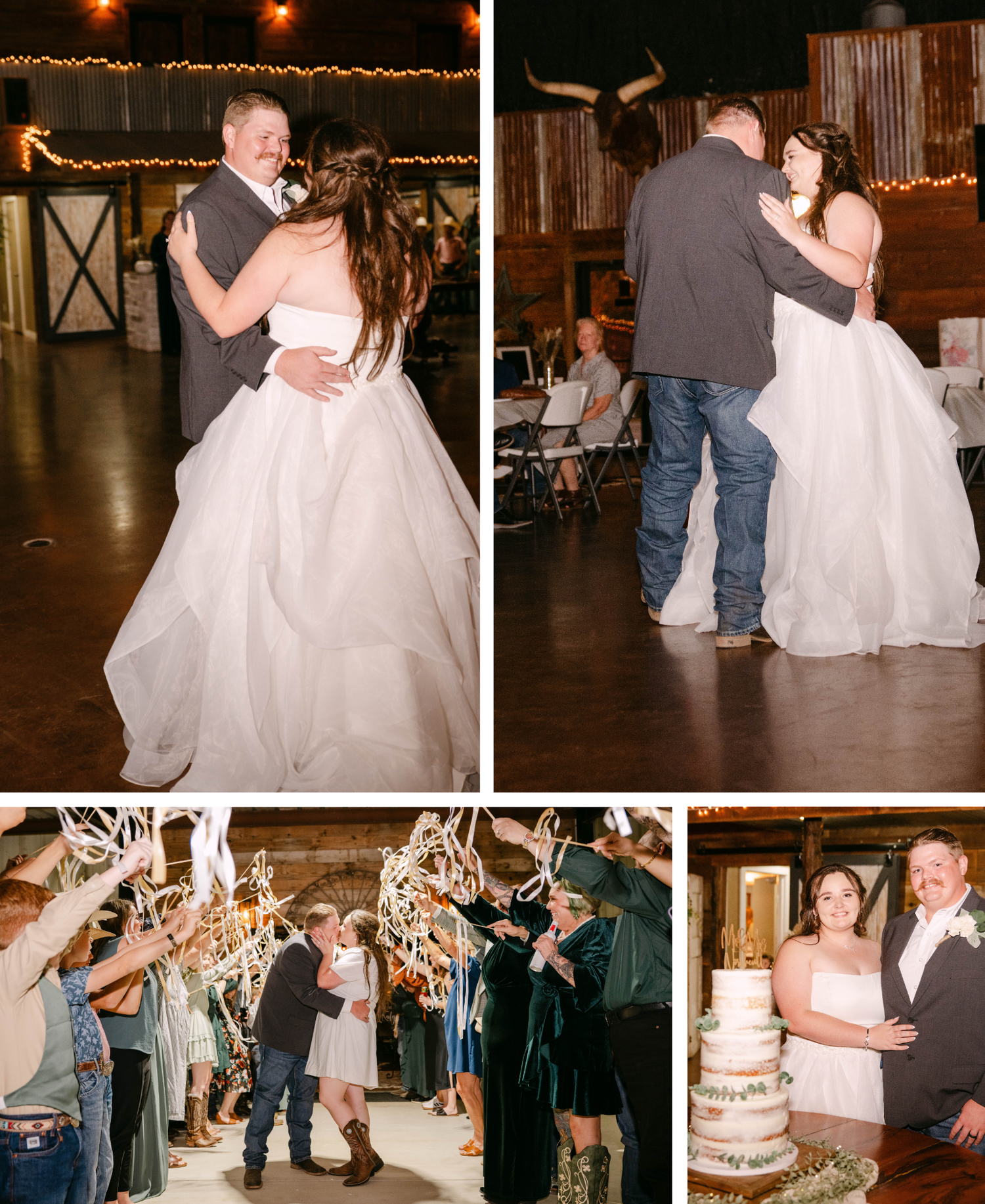 Couples dancing at a rustic barn wedding reception with string lights creating a romantic ambiance.