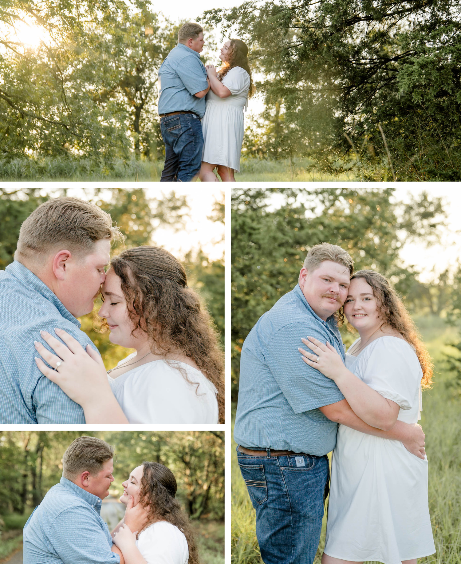 A tender afternoon photoshoot in a sunlit garden captures romantic moments between a couple surrounded by lush greenery.