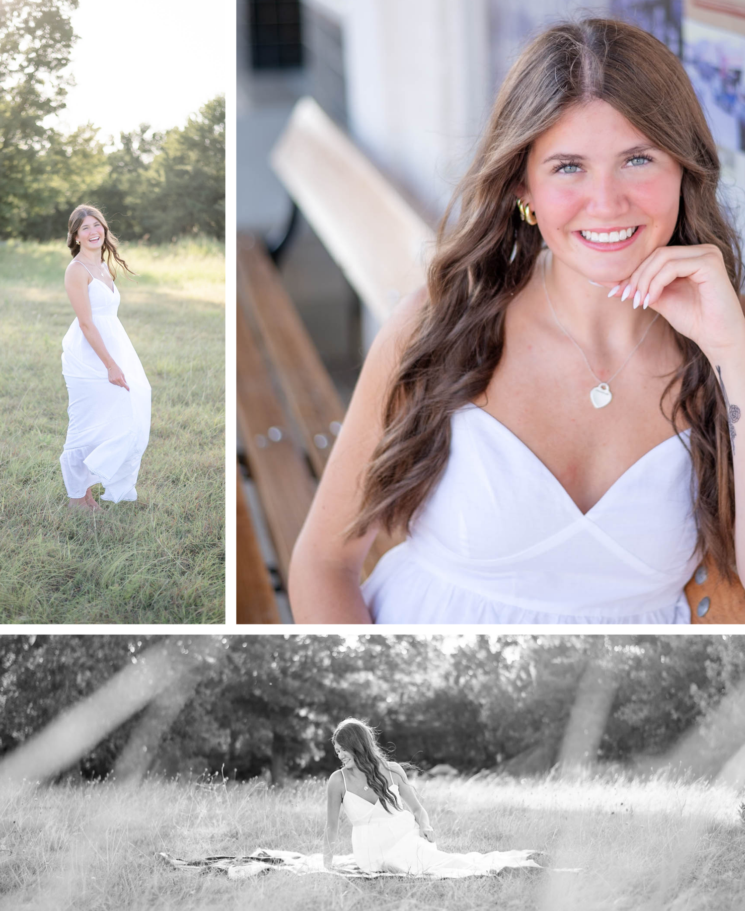 Person in a white dress poses for outdoor portraits in a mix of color and black and white photography.