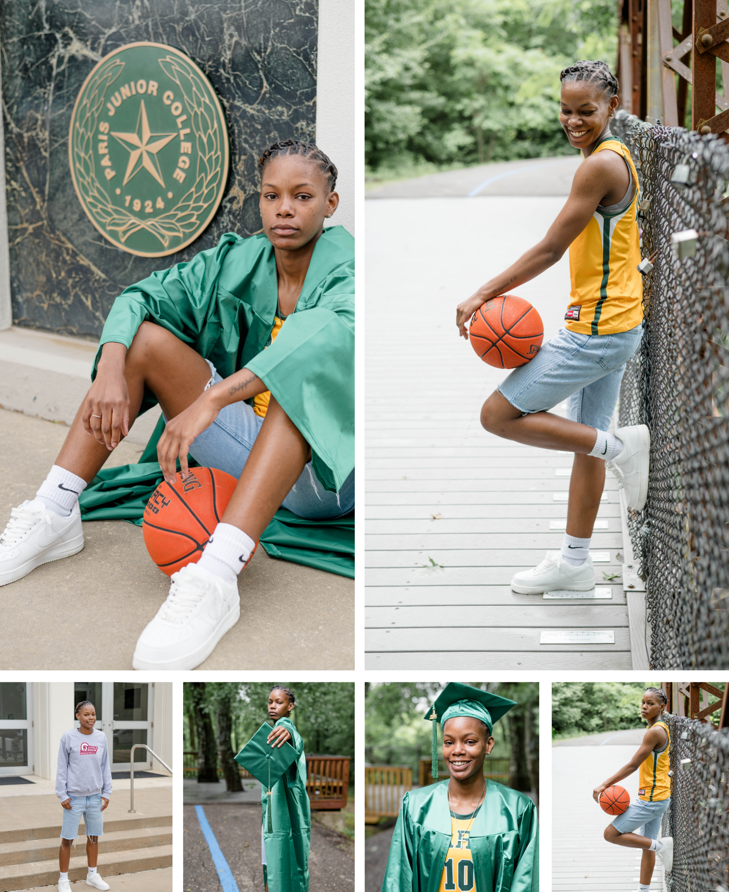 A collection of graduation photos featuring a student in green regalia and yellow athletic wear posing with a basketball.