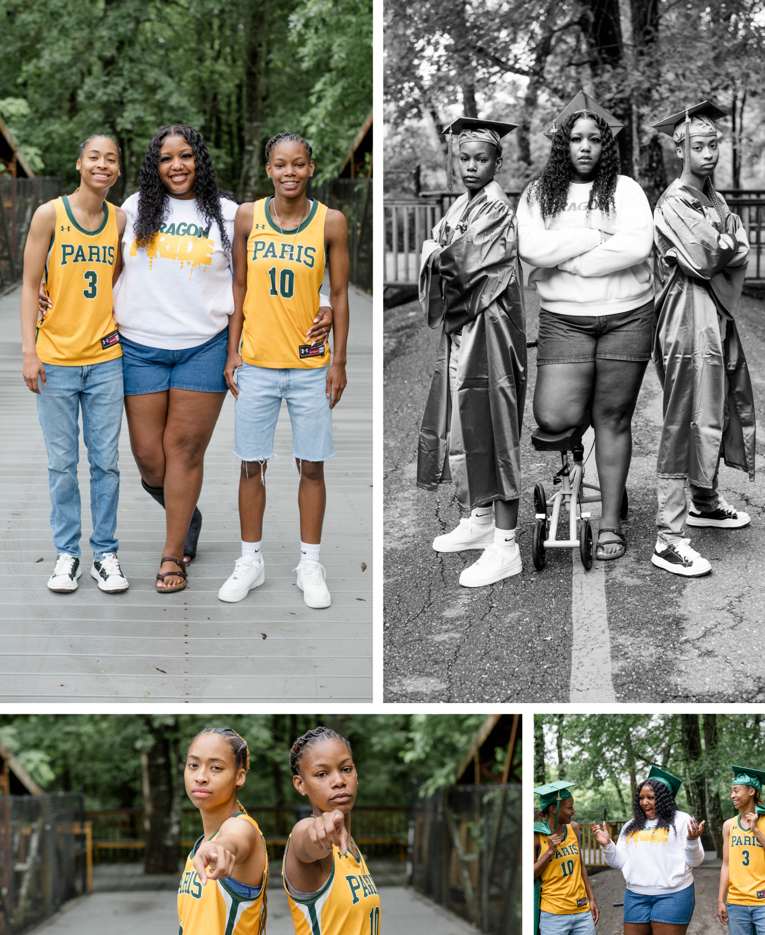 College students in Pacers jerseys and casual wear pose for graduation photos outdoors on a wooded path.