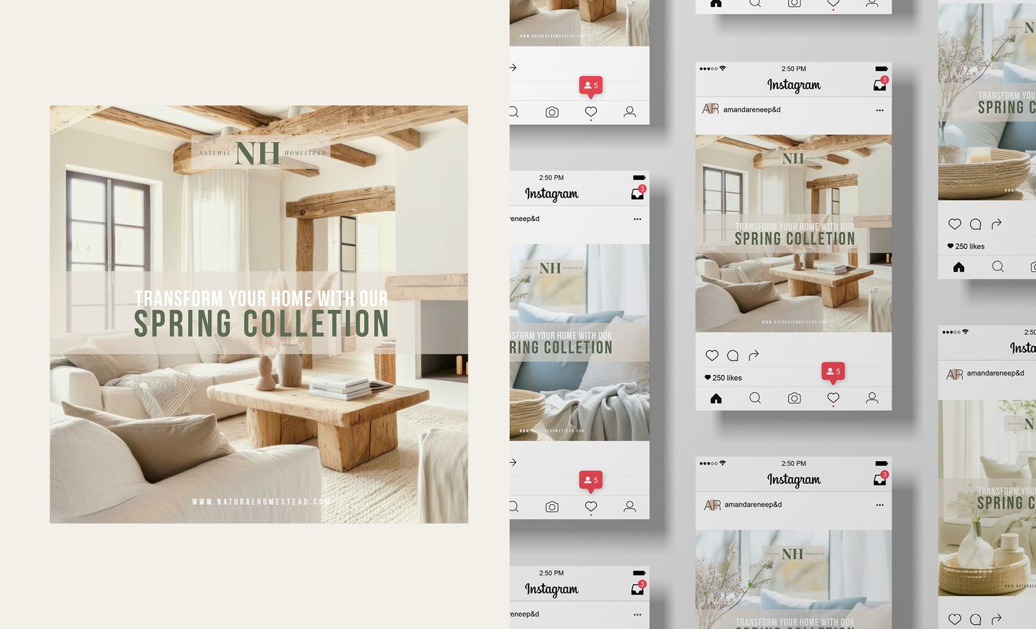 Modern home interior social media layout template with spring collection theme in warm neutral colors.