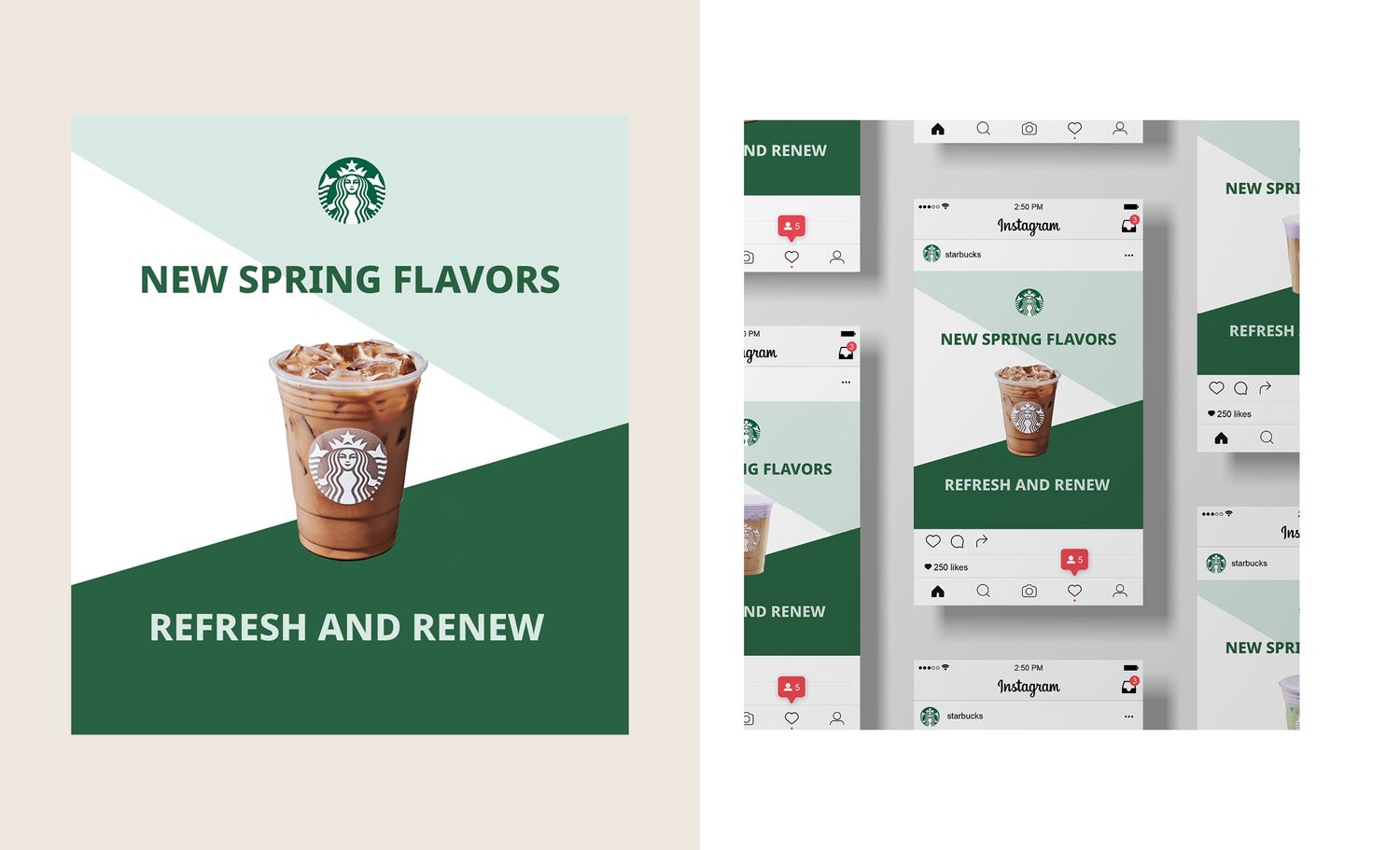 Starbucks spring promotional social media post layouts featuring green and white branded design elements and mobile screens.
