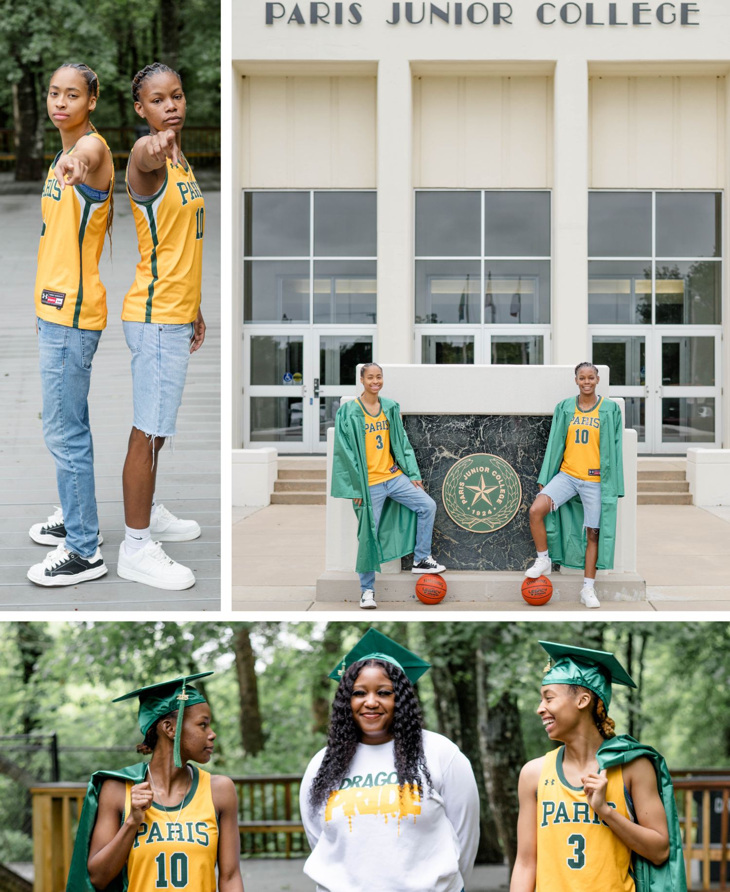 Three green and yellow school spirit photos showing athletes and graduates at Paris Junior College campus.