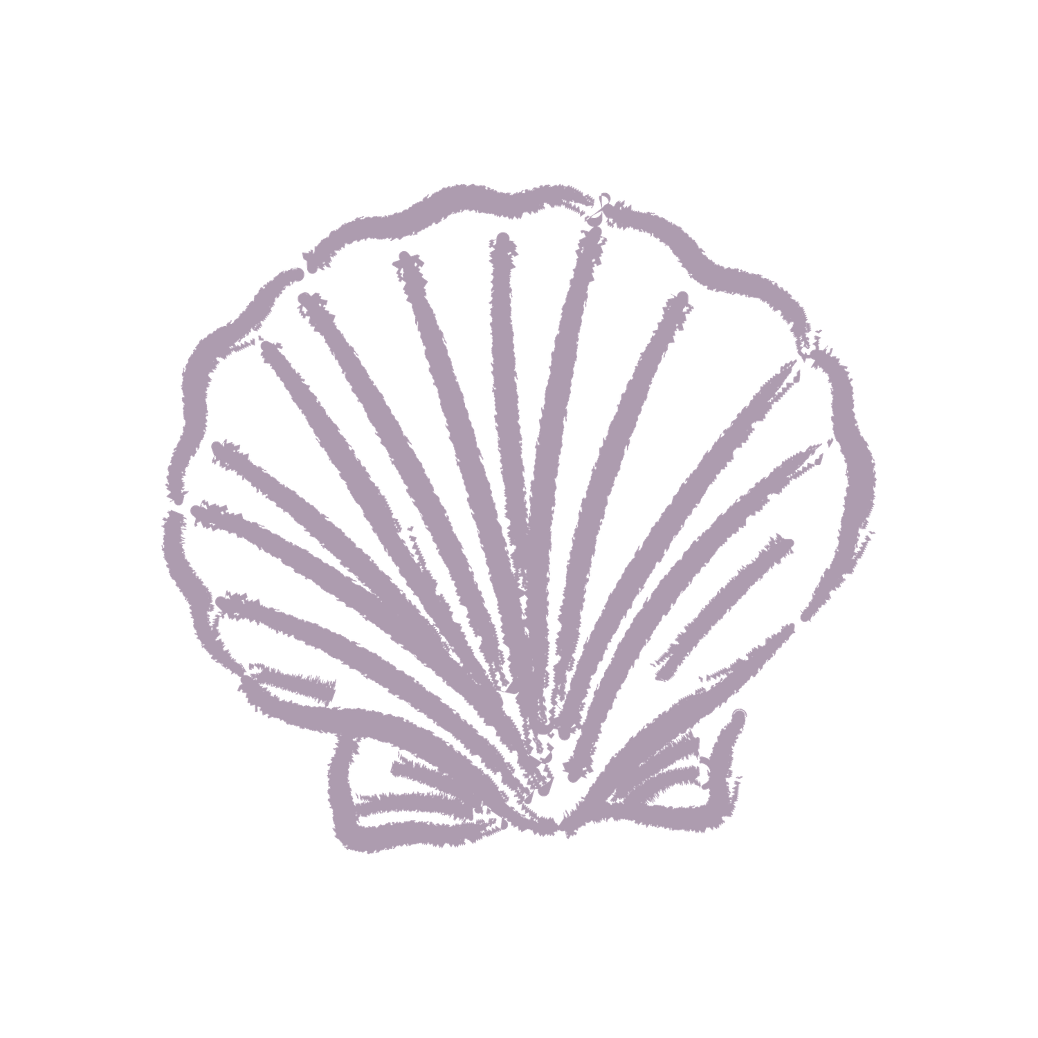 A distressed purple seashell illustration with radiating lines in a classic scallop shell design.