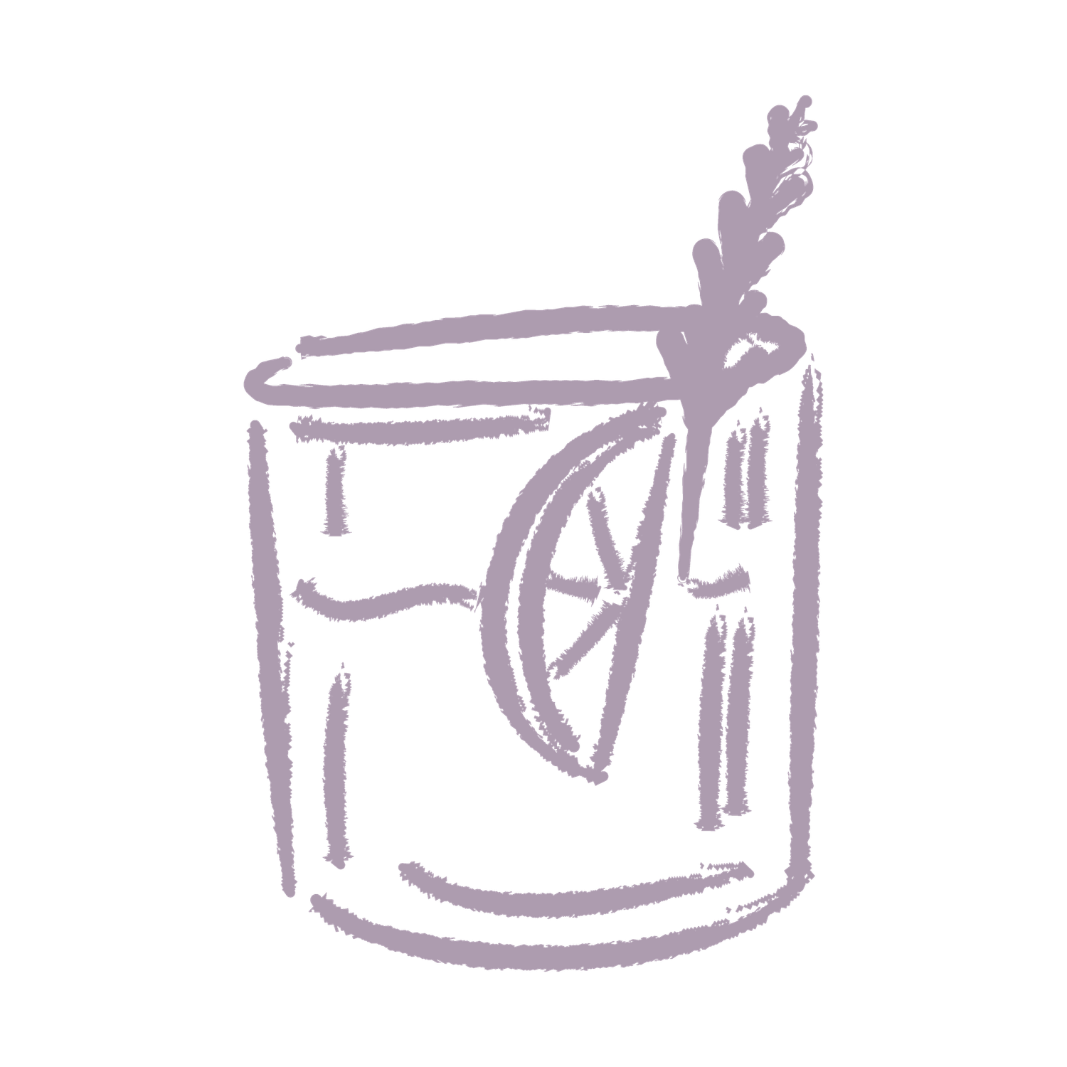 Simple sketches of round cake slices and whole cakes drawn in a minimalist style with light purple ink.