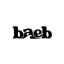 Black text logo design spelling 'baeb' in retro curved lettering style.  Branding photography, Devon