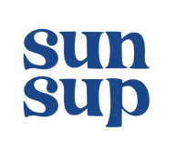 Blue text logo design with 'sun sup' stacked vertically in bold lettering.  Branding photography, Devon
