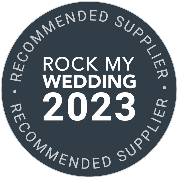 Collection of dark navy blue circular badges showing wedding and recommended supplier text for 2023.