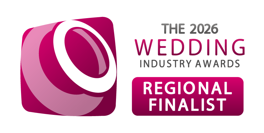 Pink and white Wedding Industry Awards regional finalist banner with logo designs.