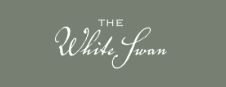 Simple text logo design for 'The White Swan' in elegant cursive lettering on a sage green background.