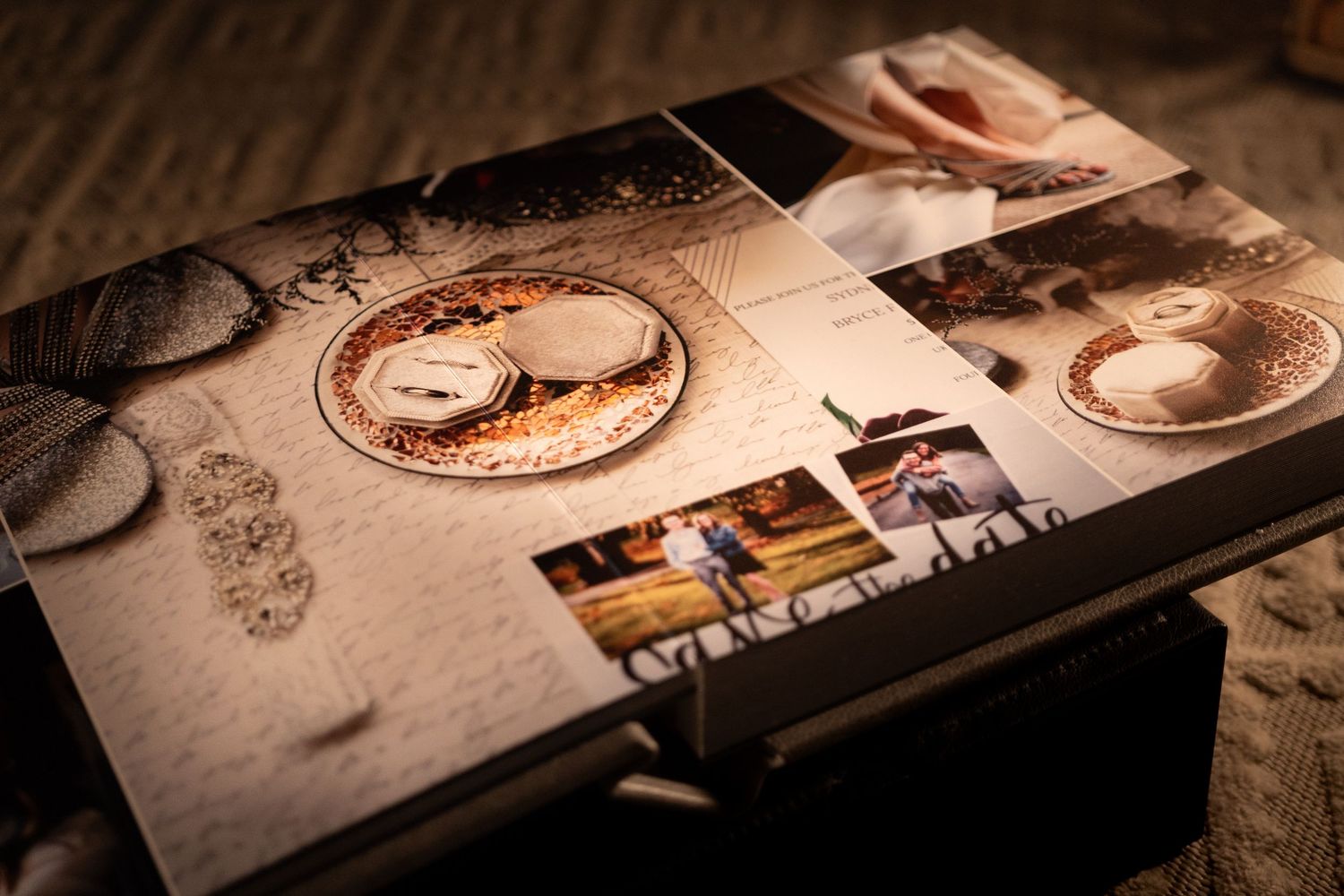 Wedding album pages with vintage photographs spread out in sepia tones.