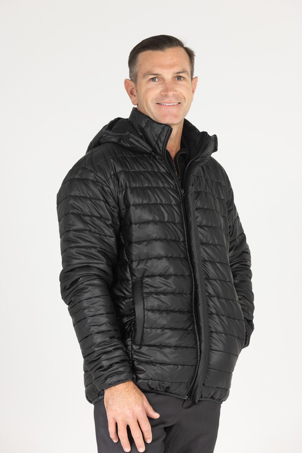 Black quilted puffer jacket displayed in multiple angles against white background.