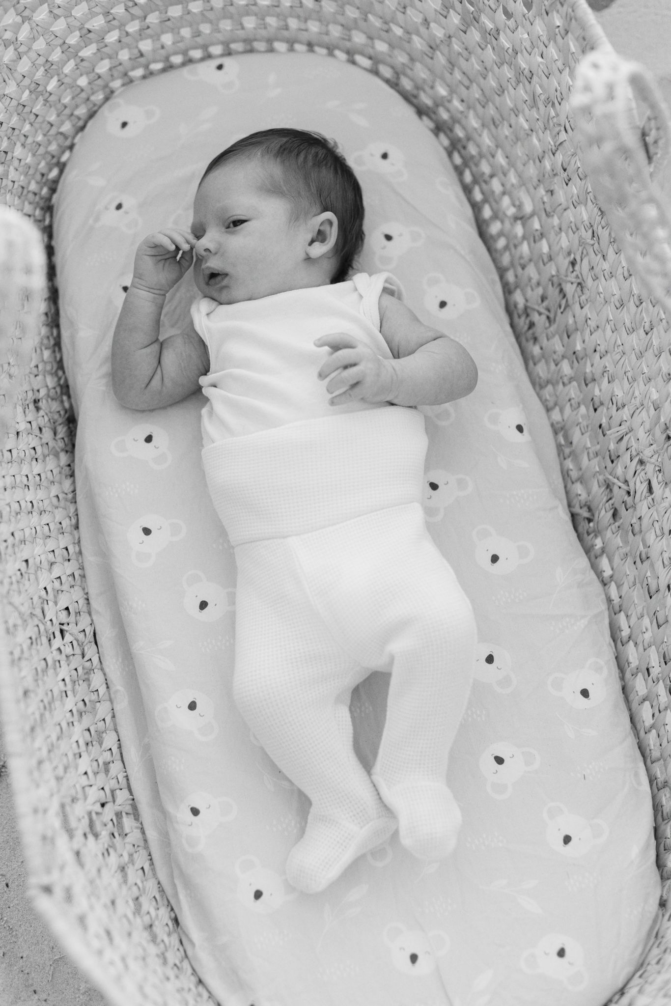 Black and white photos of a swaddled baby resting peacefully in a textured wicker basket.