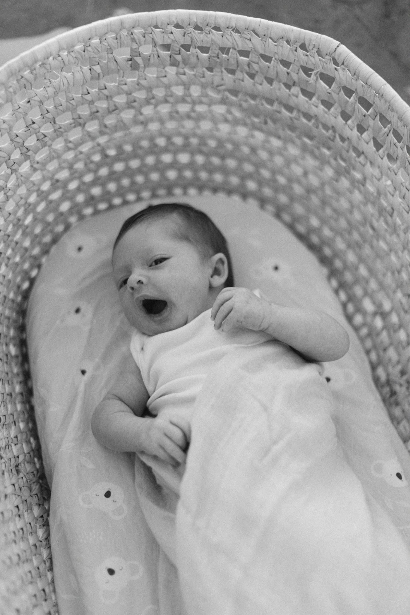 A sleeping baby wearing white clothing lies in a textured bassinet, shown in a series of black and white photos.