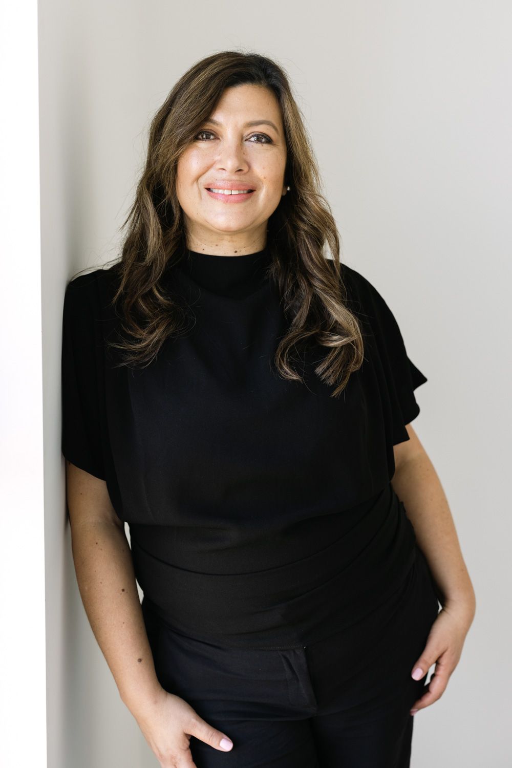 Studio portrait series featuring black turtleneck top against light background.